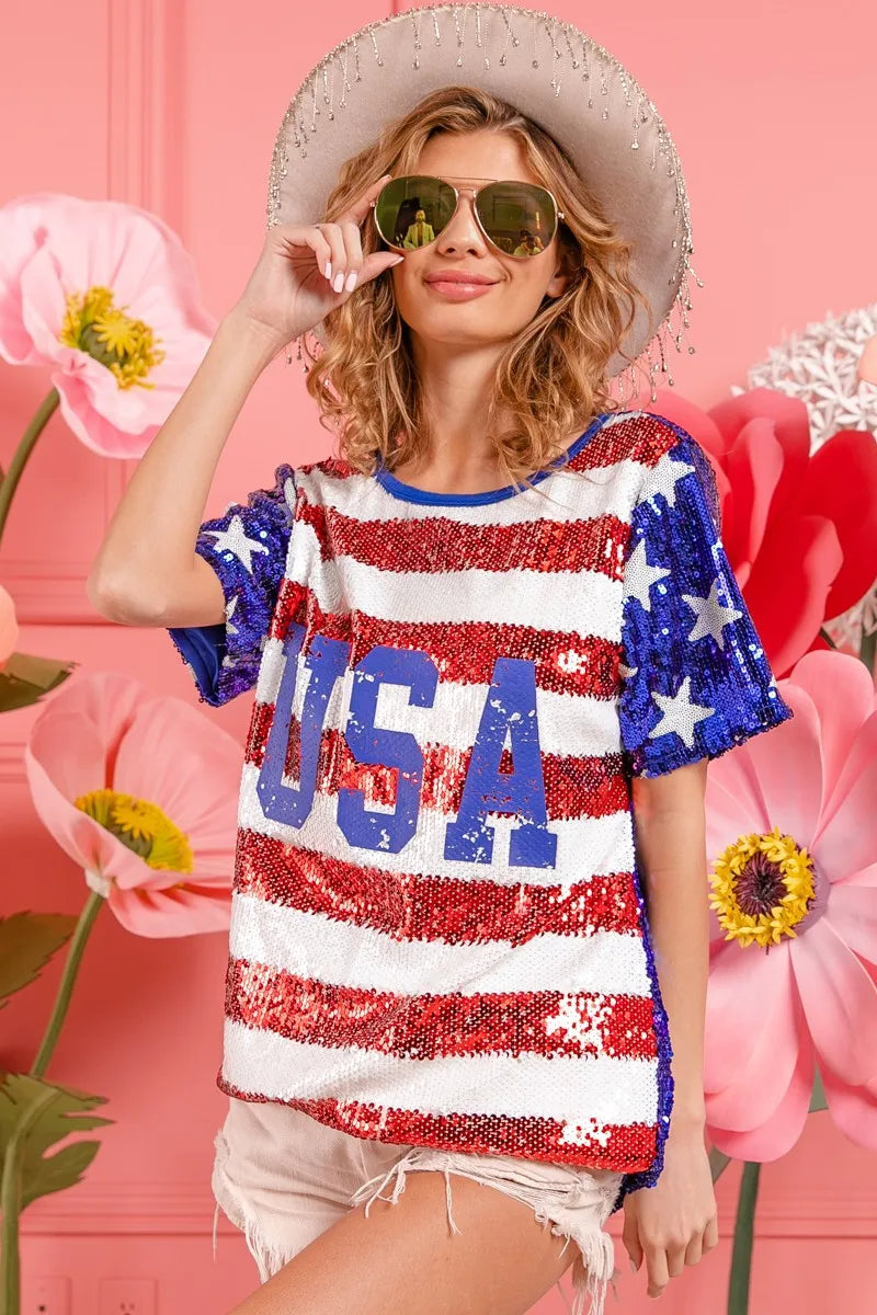 BiBi American Flag Sequin Top with USA Lettering - Patriotic Party Outfit for 4th of July, Independence Day & National Celebrations