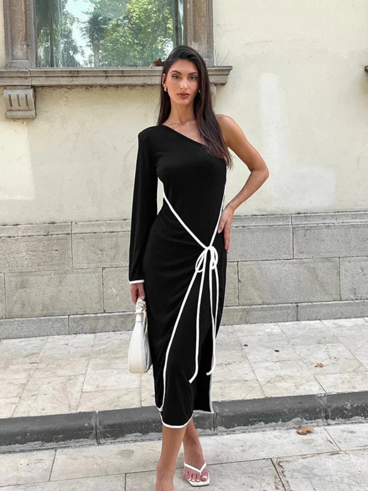 Elegant Black Asymmetrical Lace-Up One Shoulder Backless Long Dress for Women - 2024 Fall Fashion, Evening Gowns, Cocktail Party & Formal Occasions