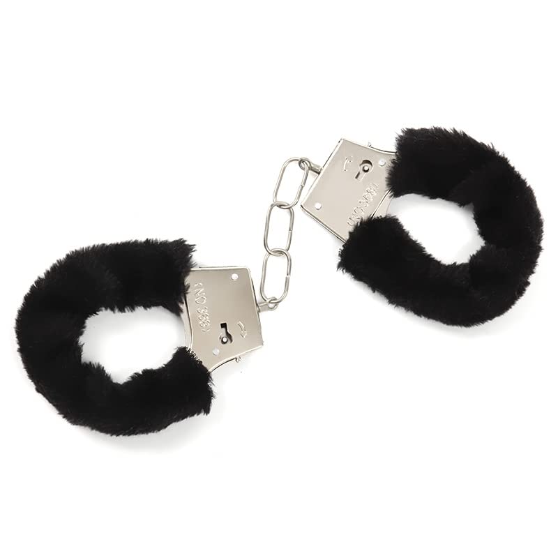 Adjustable Furry Handcuffs & Ankle Cuffs Set with Keys - Stainless Steel Bondage Restraints for Couples - Soft Plush SM Fetish Toys - Police Costume Props for Cosplay & Role Play - Perfect for Adult Play, BDSM Scenes and Themed Parties (Black)