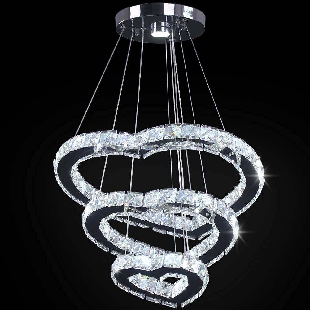 Winretro Modern 3 Ring Crystal Heart LED Chandelier - Stainless Steel Chrome Pendant Light Fixture for Ceiling - Elegant Lighting for Living Room, Dining Room, Kitchen & Bedroom | Perfect for Romantic Dinners, Home Decor & Wedding Venues