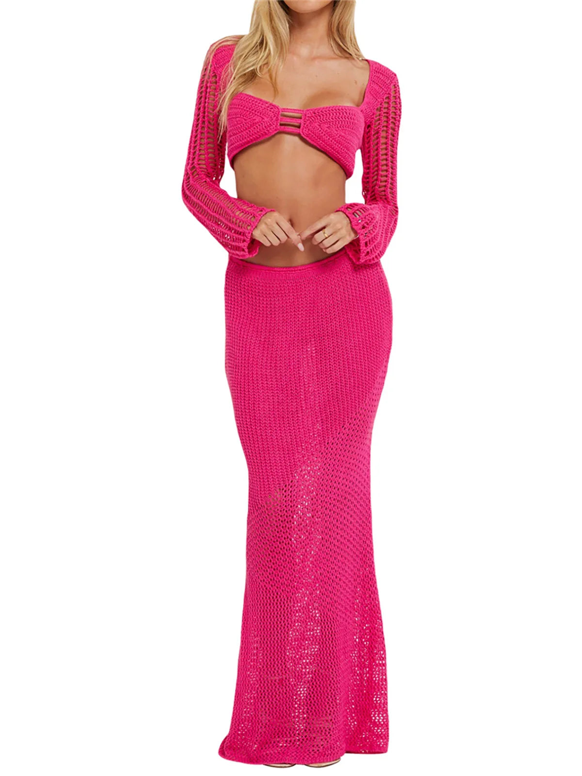 6 Colors Hollow Out Long Sleeve Crochet Knitted Tunic Beach Cover Up - Women's Summer Boho Dress for Beach, Pool, Vacation & Casual Outings