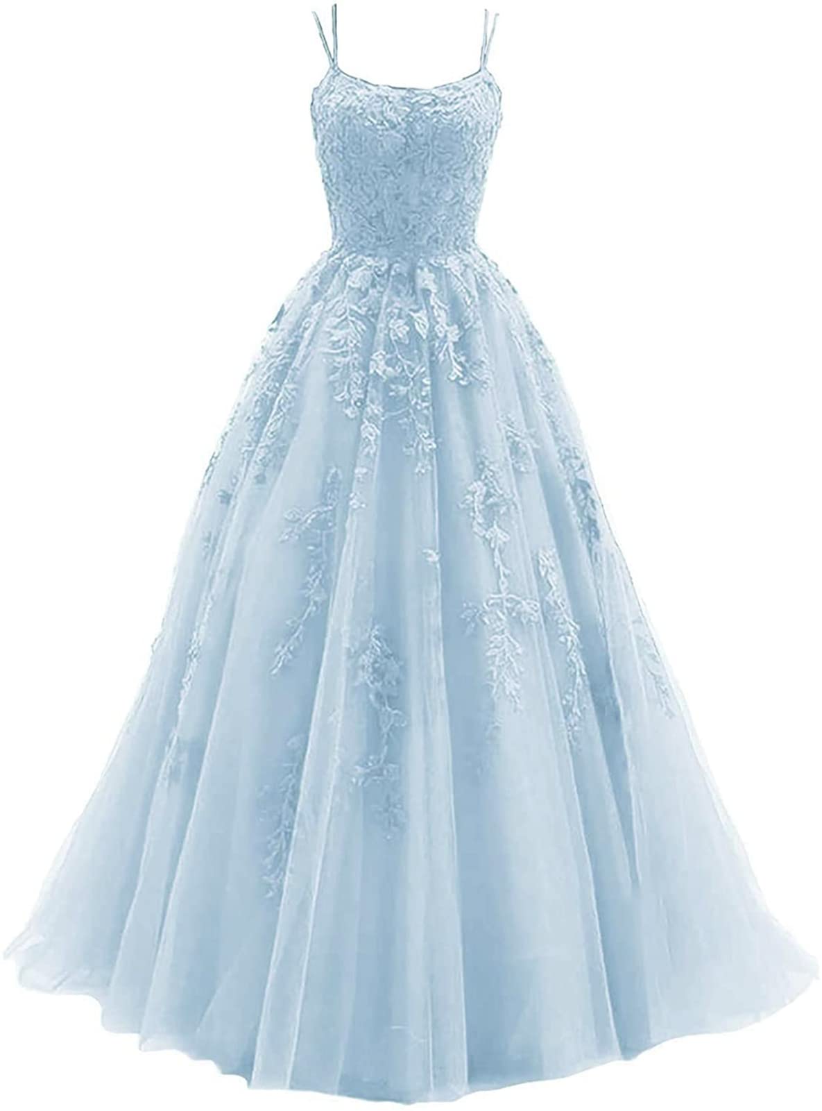 Elegant Women's Spaghetti Strap Lace Prom Dress - Long Ball Gown Backless Tulle Formal Evening Gown for Homecoming, Wedding, and Special Occasions
