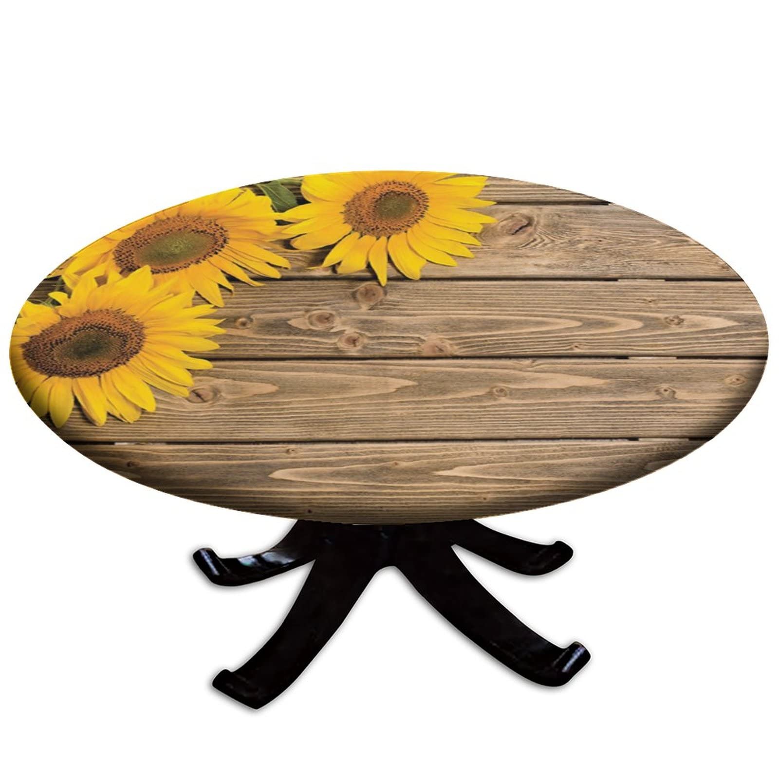 Round Fitted Polyester Tablecloth - Sunflower Wood Grain Elastic Edge Waterproof Stain Resistant Table Cover for 44 Inch Tables | Perfect for Kitchen, Dining Room, Living Room & Outdoor Patio Decor
