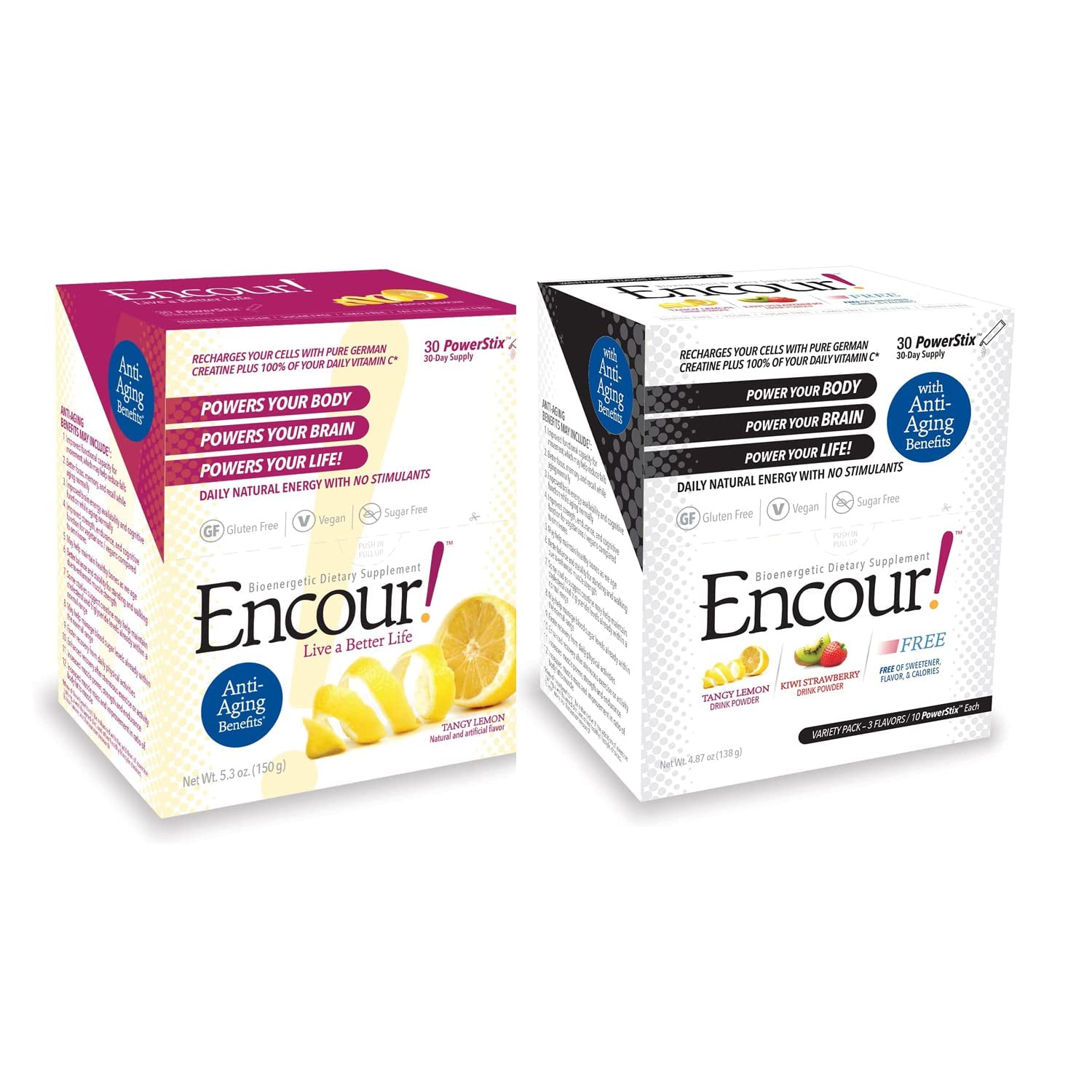 Encour! Bioenergetic Anti-Aging Supplement Powder - Tangy Lemon & Variety Pack Bundle | Collagen Boosting Drink Mix for Energy & Skin Health | Perfect for Workouts, Travel & Daily Wellness Routine