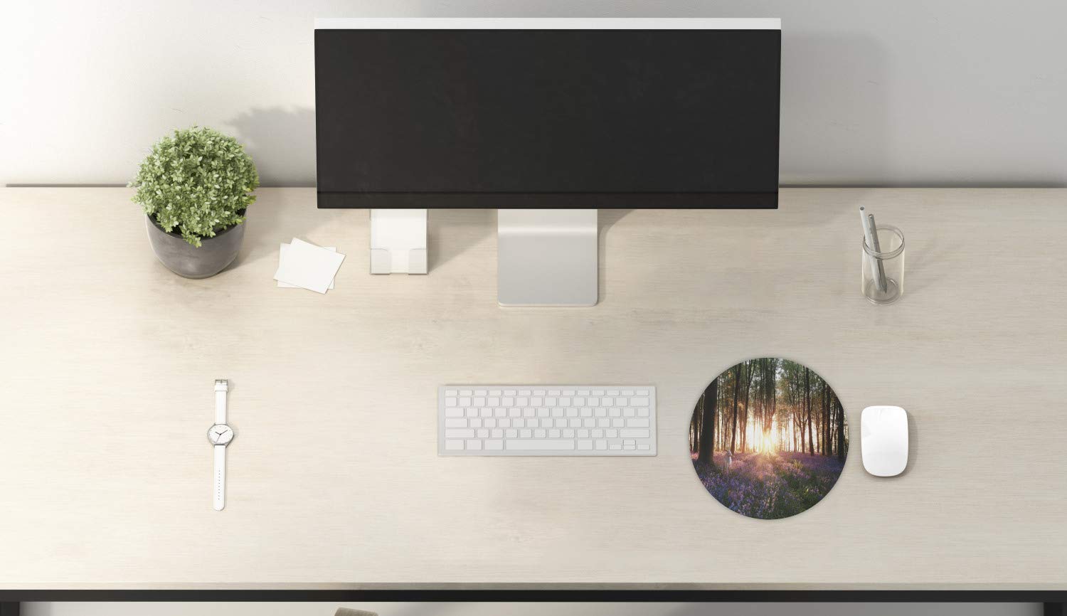 Ambesonne Round Non-Slip Gaming Mouse Pad - 8 Inch Thick Rubber Computer Mousepad with Bluebell Woods Sunrise Forest Design Featuring White Rabbit, Perfect for Office, Home & Gaming Setup (Purple Green)