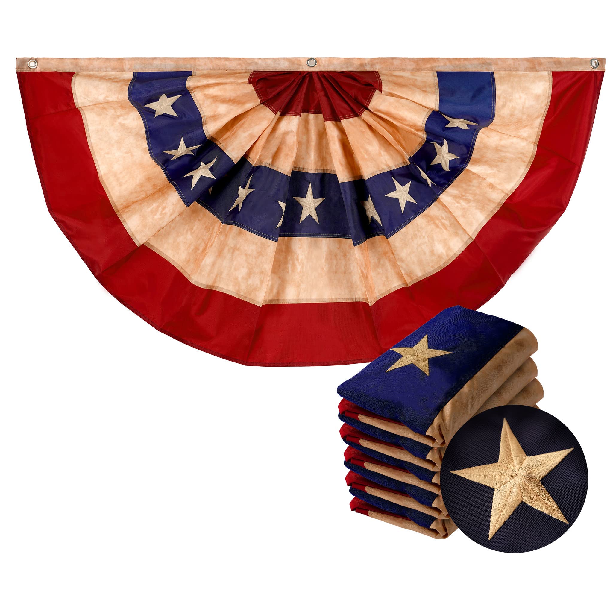 5 Pack USA Tea Stained Pleated Fan Flag - 3x6FT Embroidered Polyester Stars & Stripes Patriotic Decoration for Home, Garden, and Outdoor Events