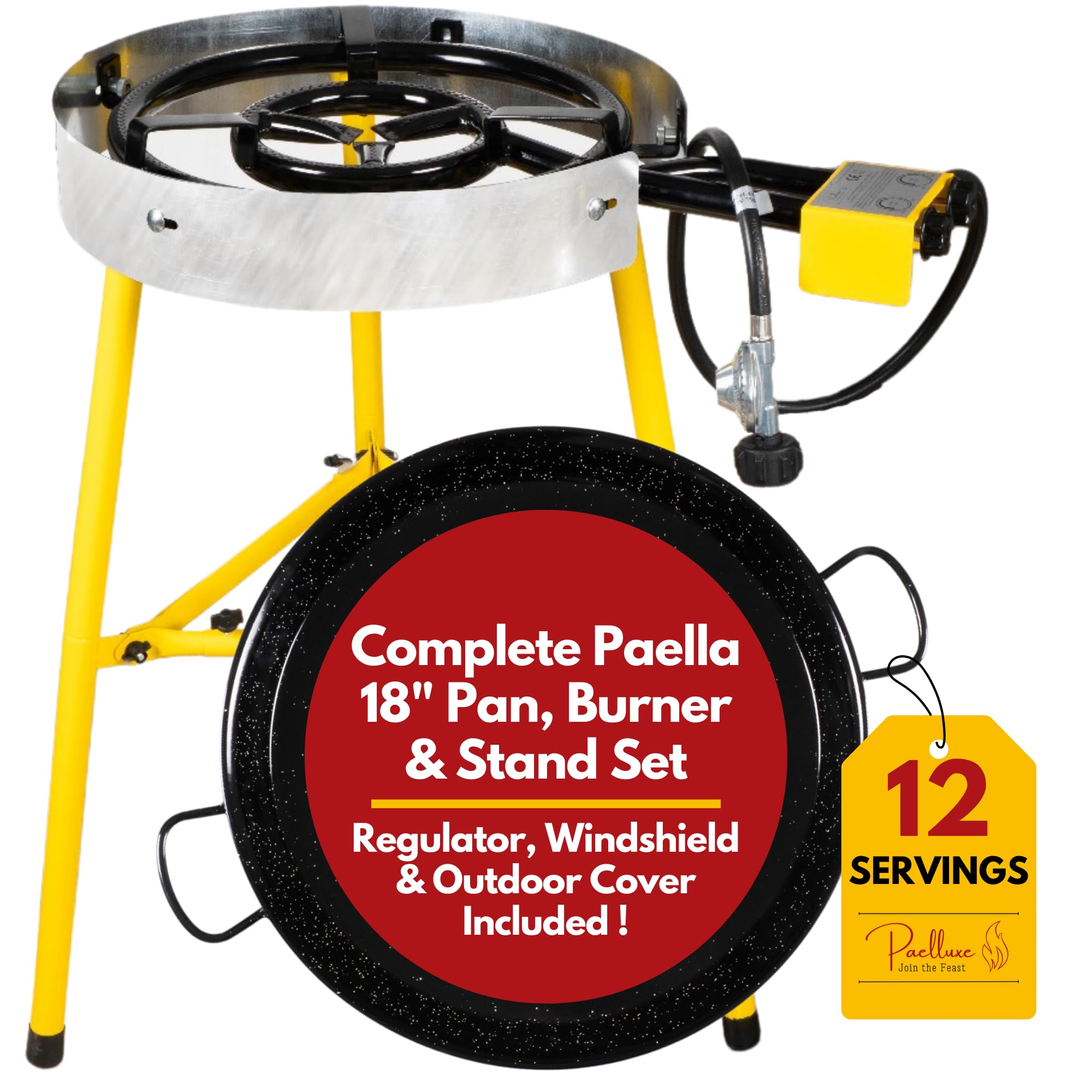 Premium 18-Inch Enameled Steel Paella Pan Set – Rust-Proof Outdoor Cooking Kit with Dual Burner Propane Stove & Stand – Serves 12 – Perfect for Backyard Parties, Camping & Spanish Cuisine