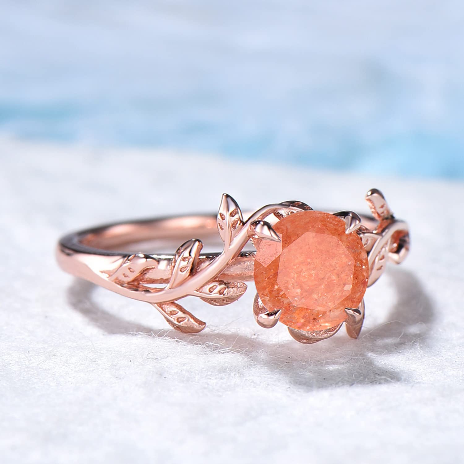 Sterling Silver Round Cut Sunstone Ring with Rose Gold Leaf - Orange Gemstone Engagement Ring for Women, Unique Handmade Birthday Jewelry Gift for Her, Size 4-10 with Gift Box | Perfect for Weddings, Anniversaries & Special Occasions
