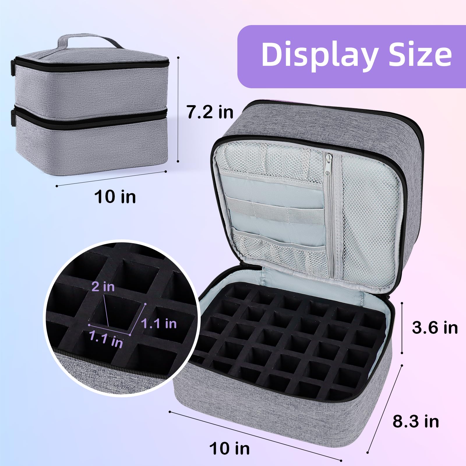 Double Layer Nail Polish Organizer Case - Holds 30 Bottles (15ml/0.5oz) for Nail Dryer Lamp - Portable Nail Storage for Nail Tech & Salon Professionals - Gray - Perfect for Travel, Home & Professional Salon Use