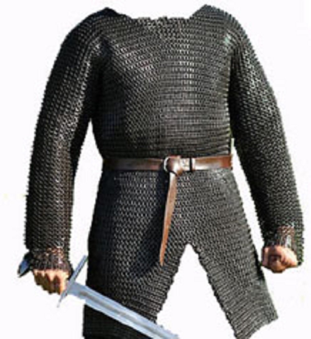 Men's Full Sleeve Hubergion Shirt with Round Riveted Flat Warser Chainmail - 9mm Medieval Armor (Large, Oiled) for LARP, Cosplay, Renaissance Fairs & Historical Reenactments