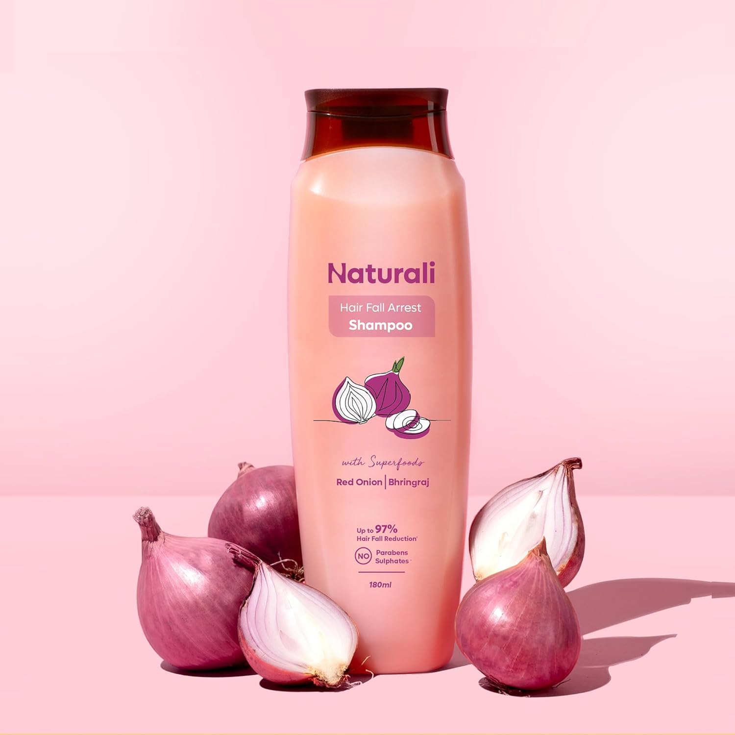 Natura'liz Red Onion & Bhringraj Hair Fall Control Shampoo - Sulfate & Paraben Free for Men & Women (180ml) | Prevents Hair Loss & Promotes Healthy Hair Growth | Ideal for Daily Use & Scalp Care