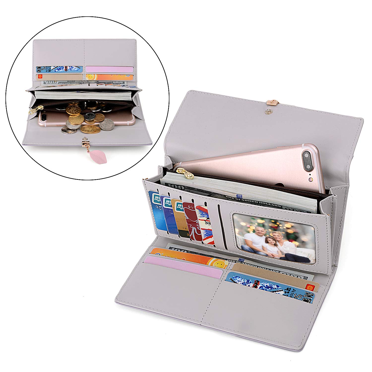 UTO RFID Blocking Wallet for Women - PU Leather Leaf Pendant Card Holder with Zipper Coin Purse | Phone & Checkbook Organizer | Perfect for Travel, Shopping & Everyday Use