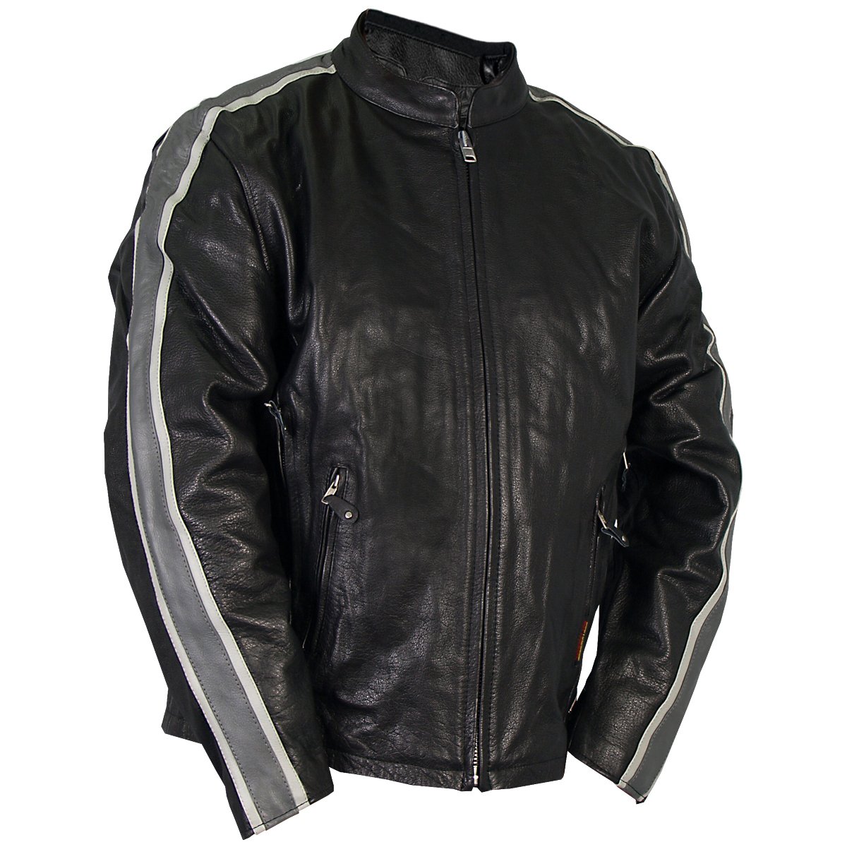 Hot Leathers #47 Black Leather Jacket with Grey Arm Stripes - Stylish Biker Jacket for Men & Women - Perfect for Motorcycle Riding, Casual Outfits & Night Out