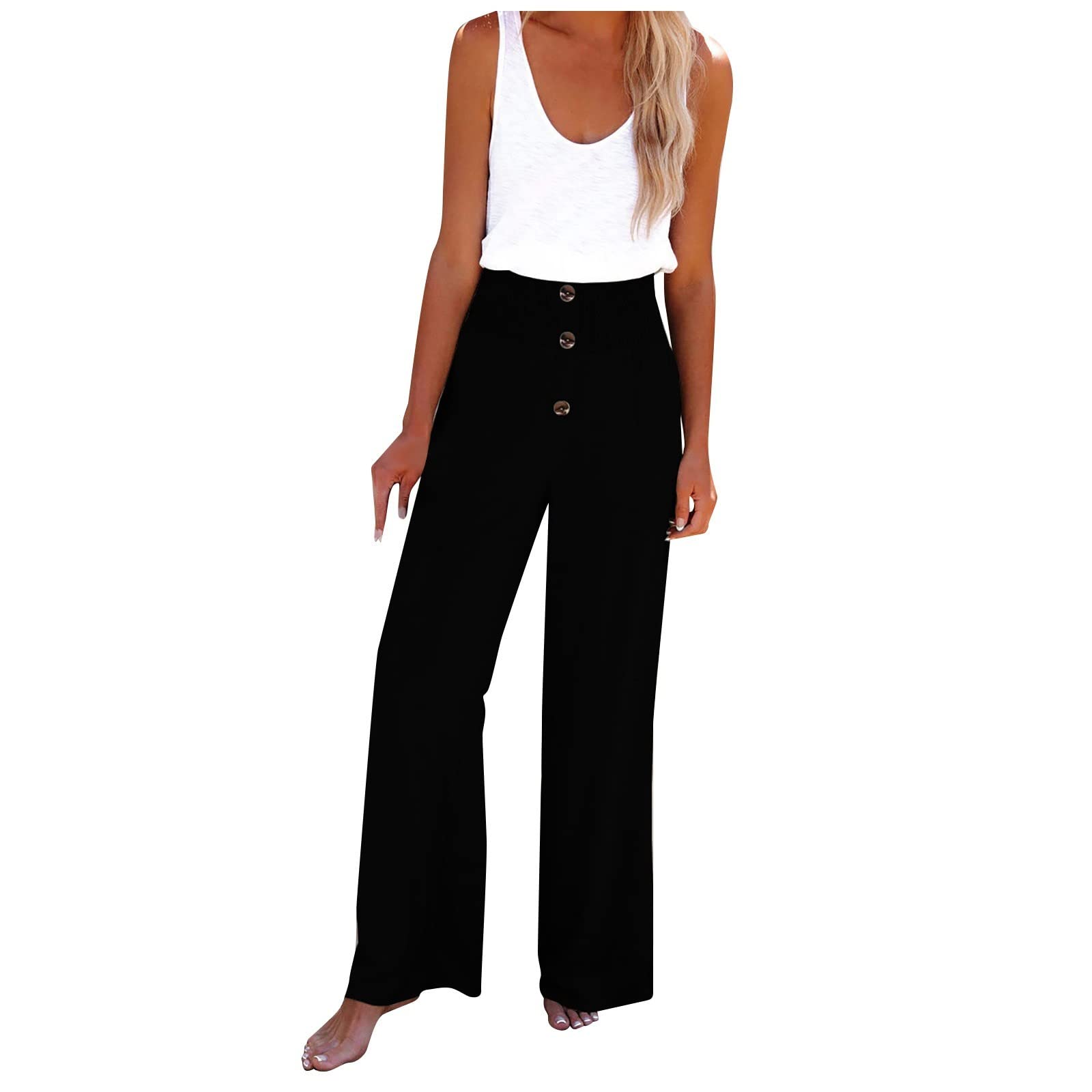 Pxloco Women's Linen Harem Pants - High Waist Loose Wide Leg Casual Pants with Button Trim & Elastic Waistband | Perfect for Yoga, Beach, Lounge & Boho Fashion