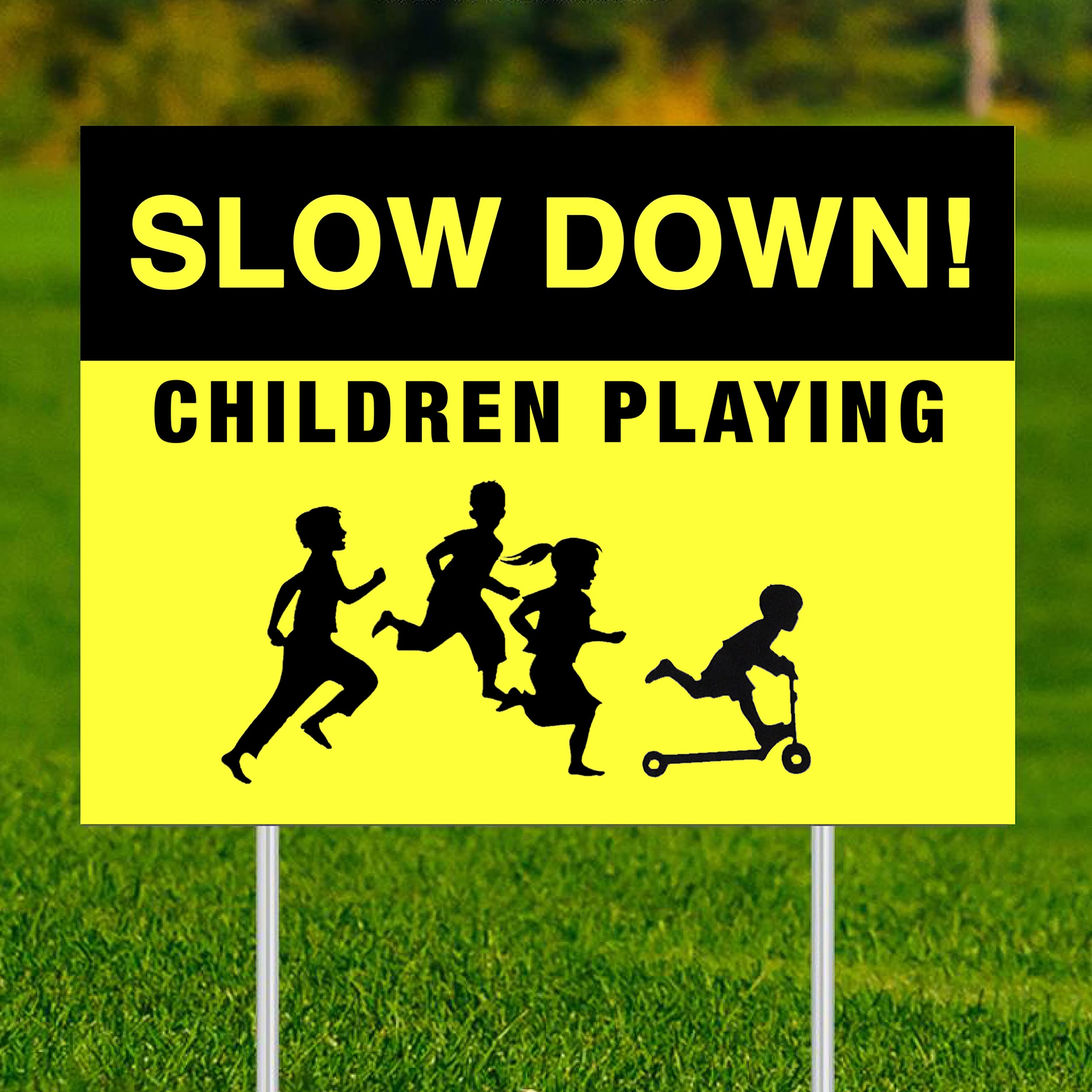 Slow Down Children at Play Signs - 18x24 Inch Double-Sided Reflective Yard Sign for Safety - Durable Outdoor Warning Sign for Kids Playing in Neighborhood Streets & Driveways