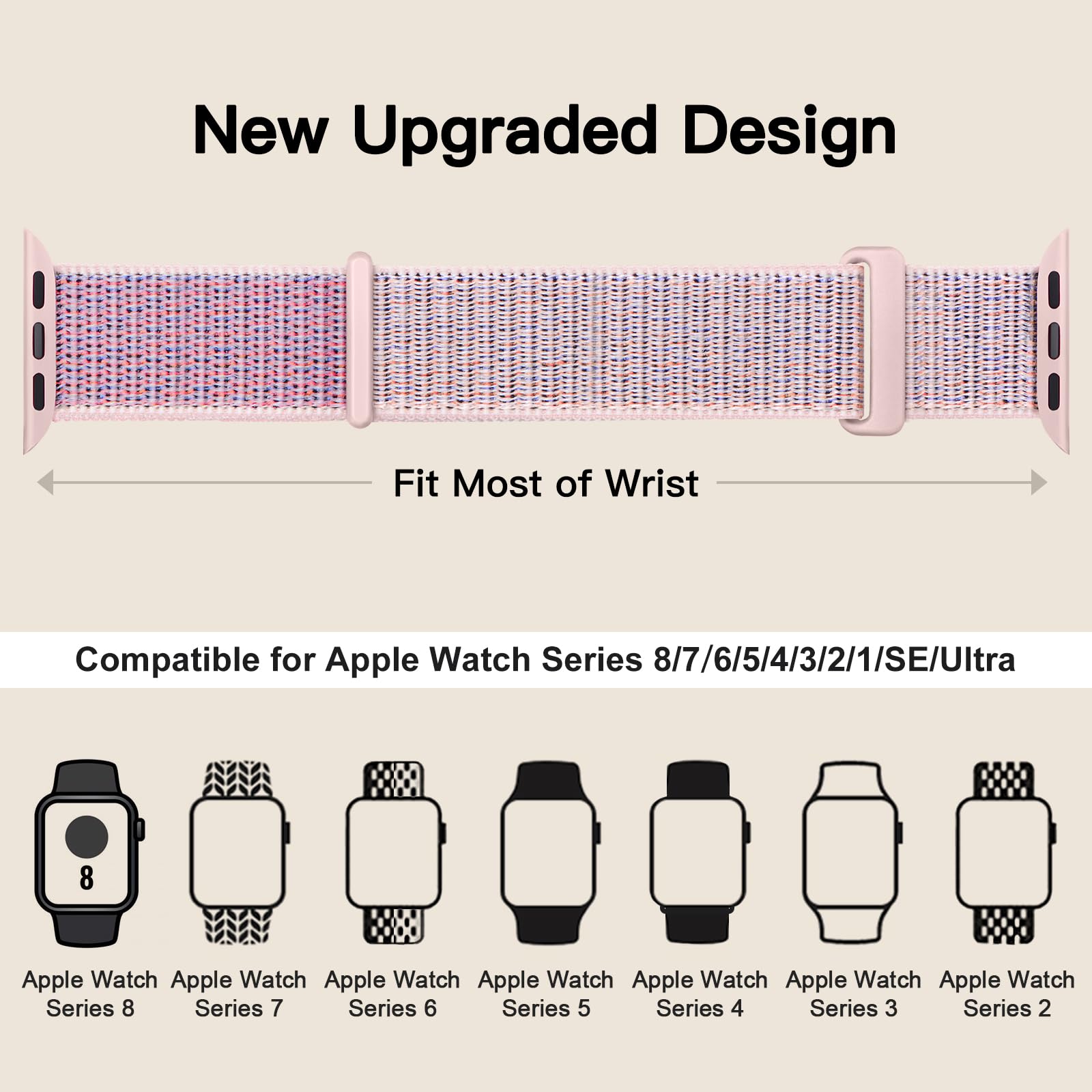 Yoohoo Soft Nylon Replacement Watch Band Compatible with Apple Watch 38mm 40mm 41mm 42mm (Series 10/9/8/7/6/5/4/3/2/1/SE) - Adjustable Sport Strap for Women & Men - Pale Red - Perfect for Gym, Running & Everyday Wear
