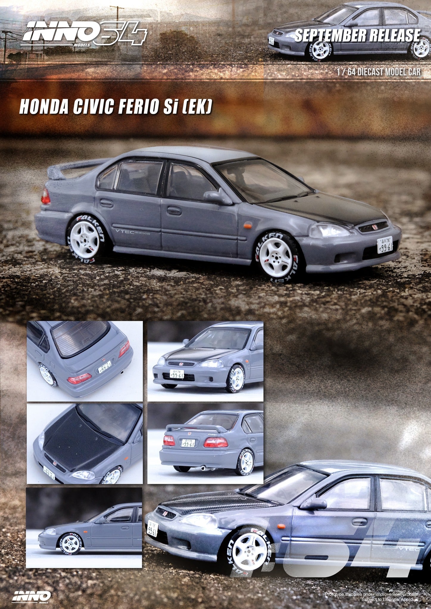 INNO64 1/64 Scale Honda Civic Ferio Vi RS JDM Model Car - Cement Gray Color - Diecast Collectible for Display & Racing Scenes