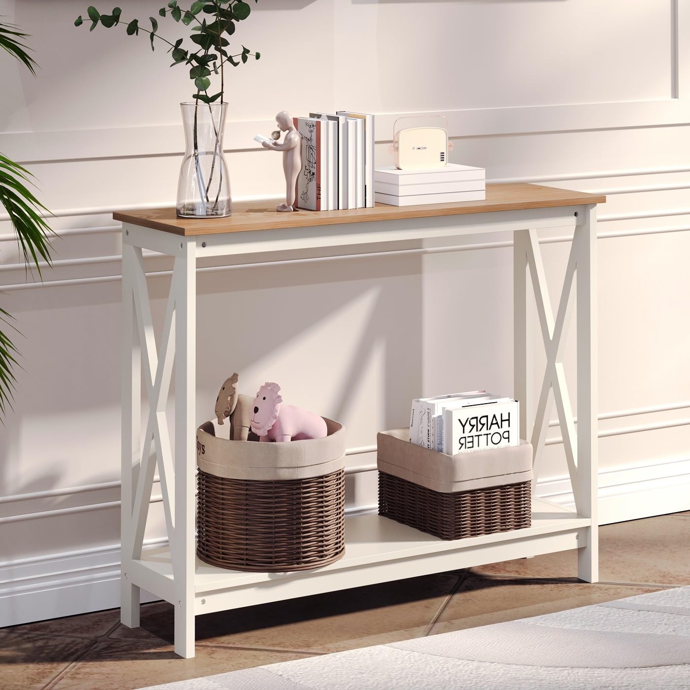 MFSTUDIO 2-Tier Console Table with Storage Shelf - Rustic Sofa Table, End Table, Computer Desk & Coffee Table for Living Room, Hallway, Bedroom - Perfect for Small Spaces & Home Office (Ivory)