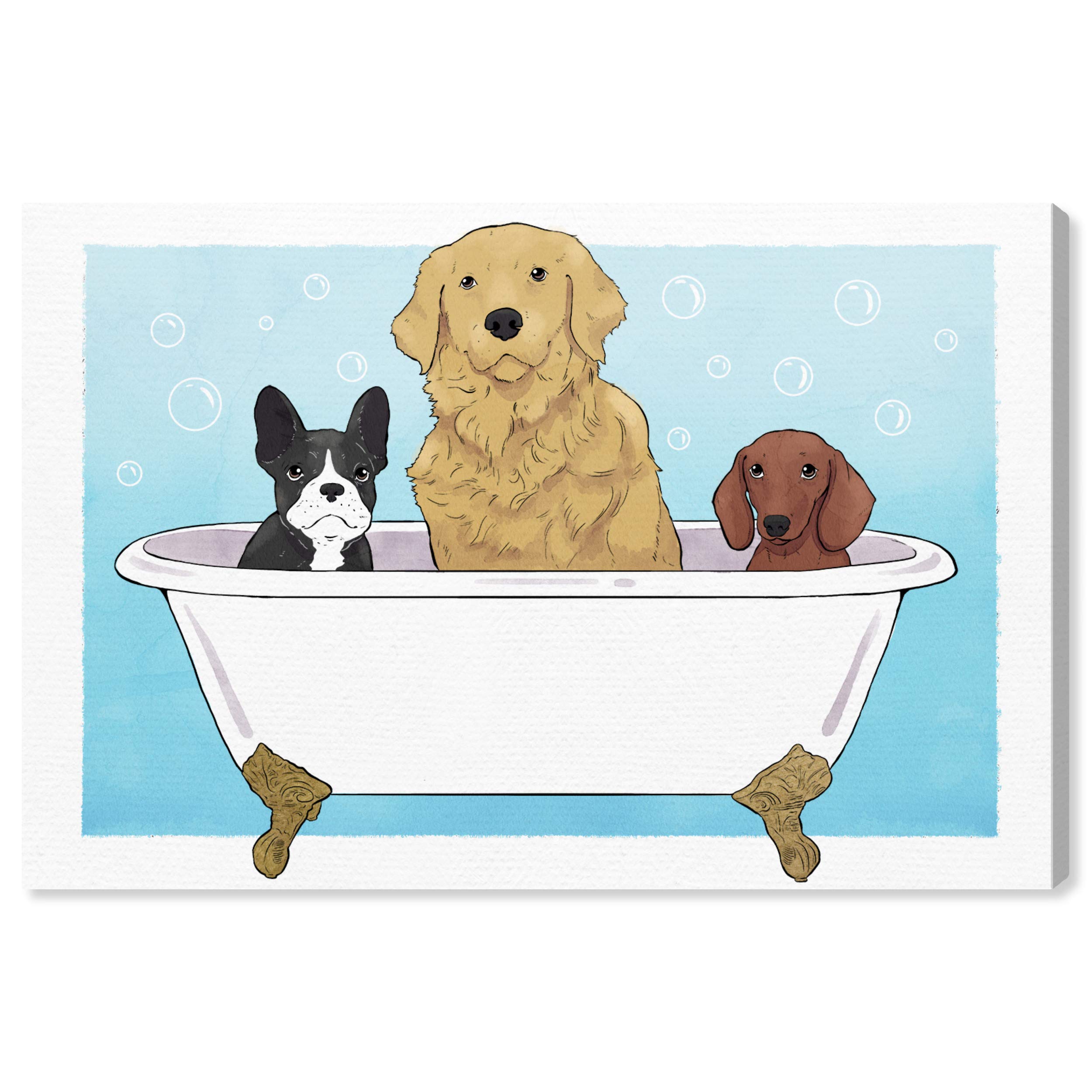 Oliver Gal Artist Co. 'Pups in a Tub' Animal Wall Art Canvas Print - Blue & White Home Decor (24x16 Inches) - Perfect for Nursery, Living Room or Bathroom Wall Decor