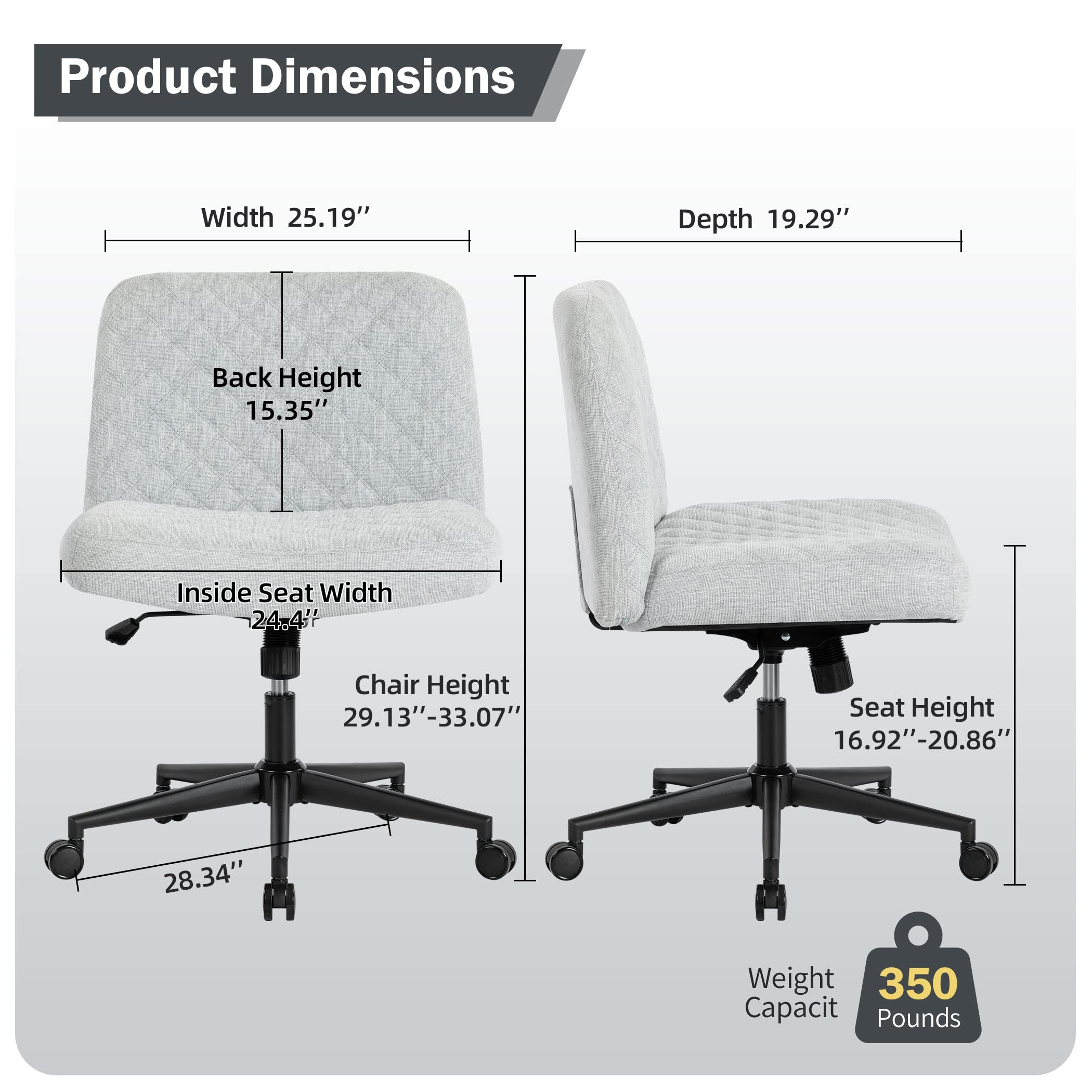 Ergonomic Armless Fabric Office Chair with Wheels - 120° Rocking Swivel Computer Desk Chair, Thick Padded Seat Modern Task Chair for Home Office, Study & Vanity Use