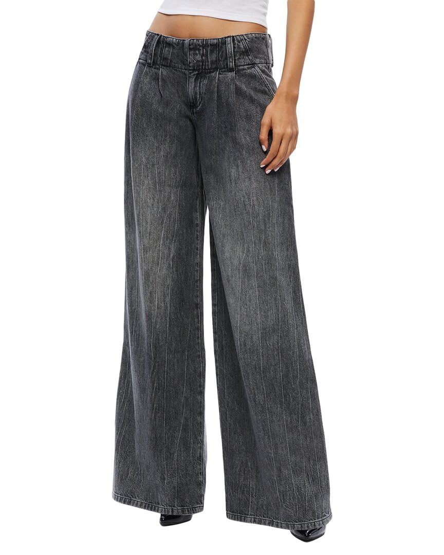 Alice + Olivia Anders Low-Rise Pleated Wide Leg Jeans for Women | Trendy High Waist Distressed Denim Pants | Perfect for Casual Outings, Date Nights & Street Style Fashion