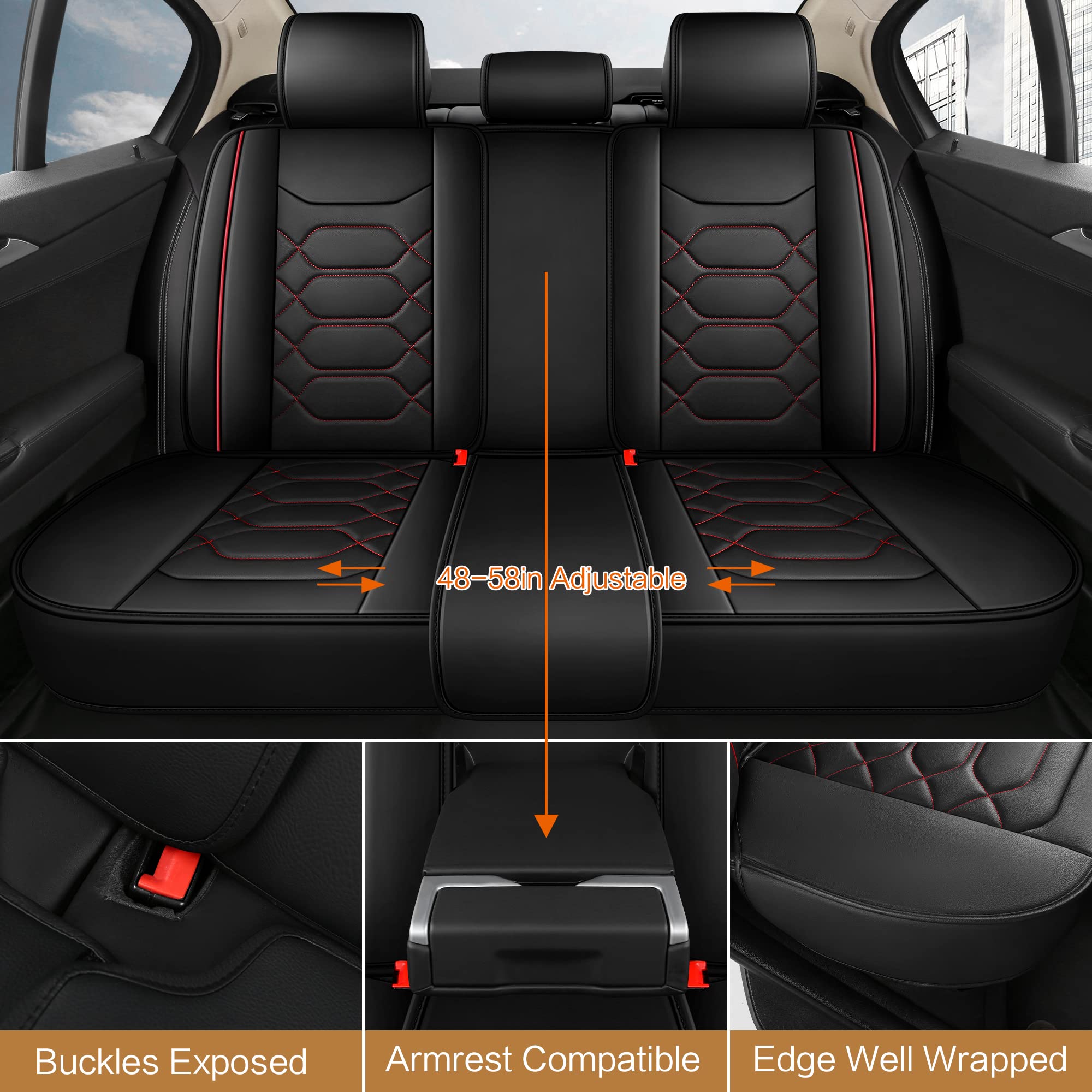 Premium Faux Leather Car Seat Covers Full Set - Waterproof, Non-Slip Universal Fit for Sedans, Trucks & SUVs (Black/Red) | Perfect for Daily Commute, Road Trips & Protecting Your Vehicle Interior