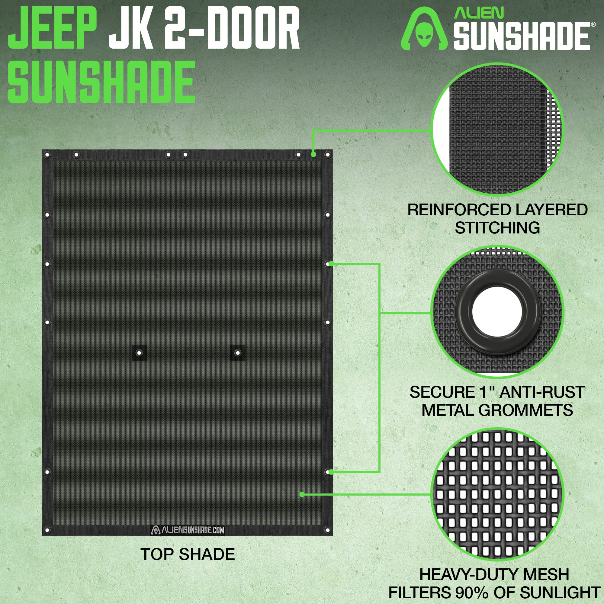 Alien Sunshade Black Mesh Top for Jeep Wrangler JK 2-Door (2007-2018) | UV Protection & Wind Noise Reduction | Fits Sport, Sport S, Sahara, Rubicon Models | Perfect for Off-Roading, Beach Trips & Summer Adventures