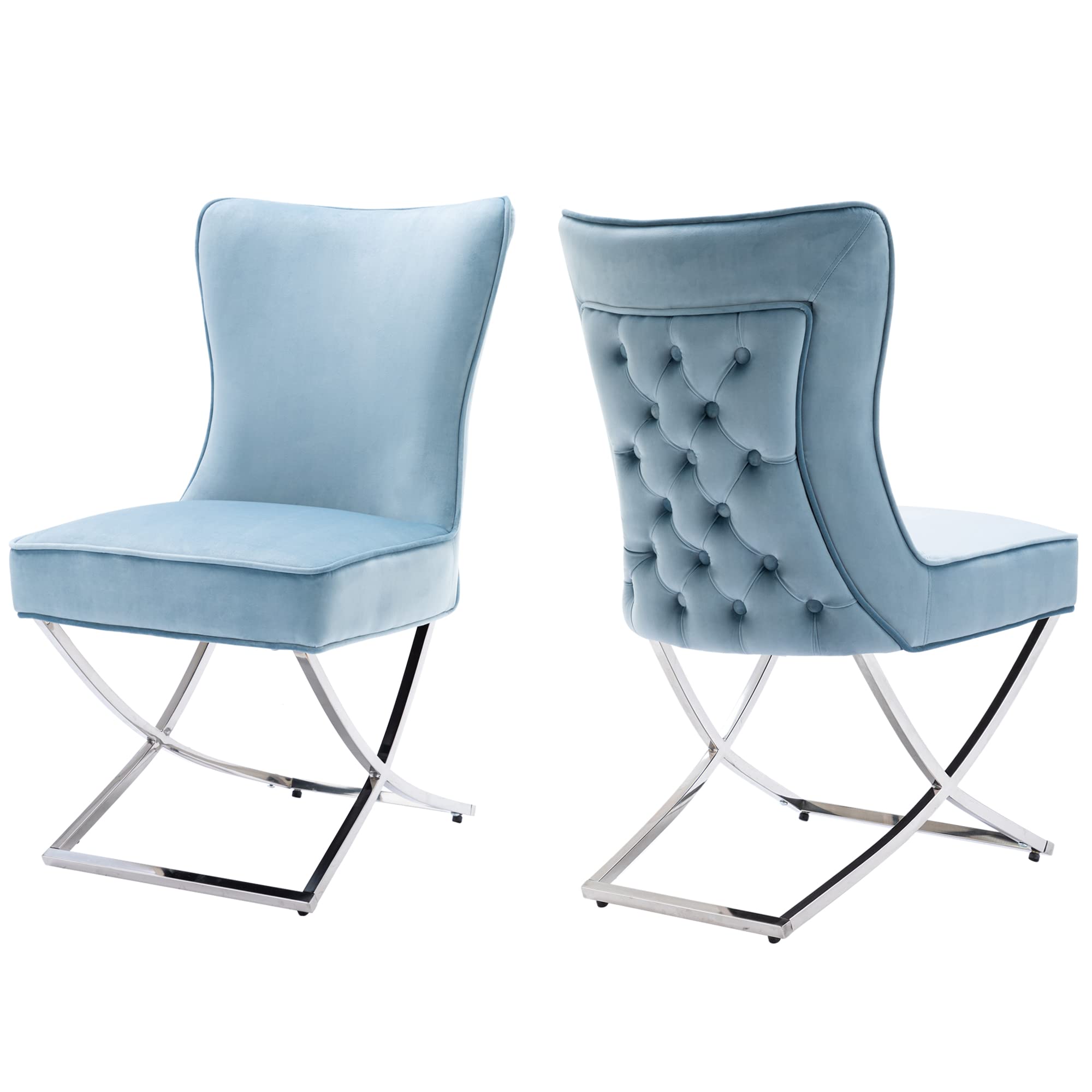 Modern Stainless Steel Legs Velvet Dining Chairs Set of 2 - Royal Blue Upholstered Button Tufted Back Chairs with Solid Piping for Dining Room, Kitchen, Breakfast Nook & Home Decor