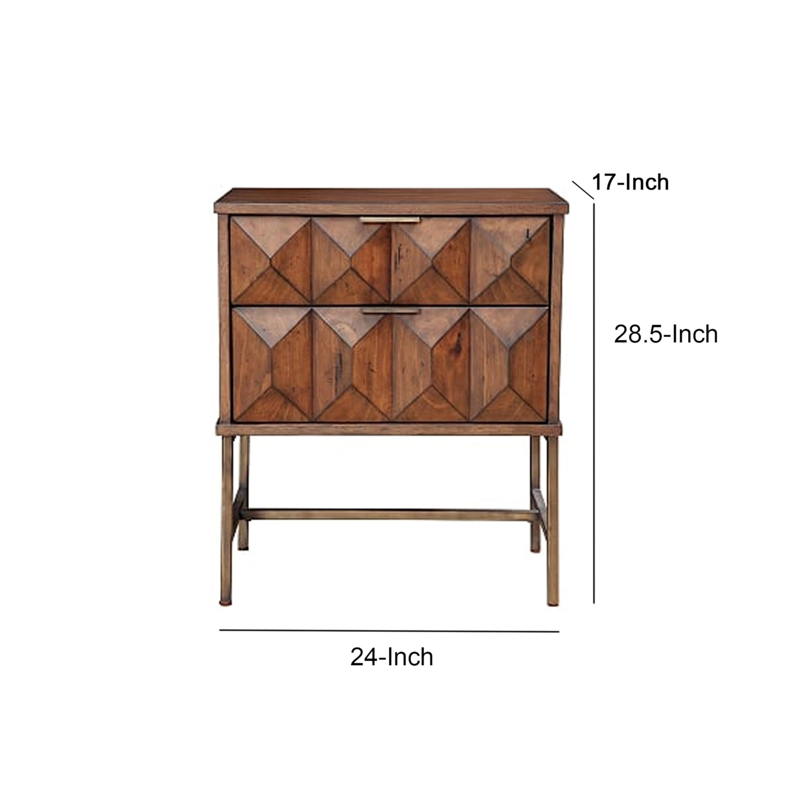 Benjara 2 Drawer Nightstand with Honeycomb Design & Metal Legs - Brown Wooden Bedside Table for Bedroom, Living Room, or Office - Perfect for Storage & Home Decor