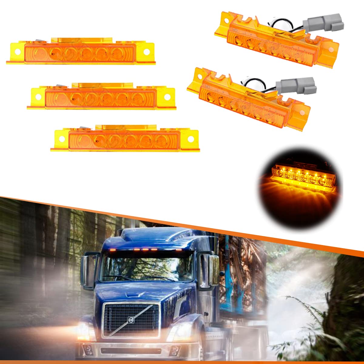 5PCS Amber 6-LED Cab Roof Top Clearance Light Assembly with Amber Lens - Compatible with Volvo VN 2004 & VNL 2003-2020 Trucks - Durable Marker Running Lamps for Enhanced Night Visibility & Truck Safety