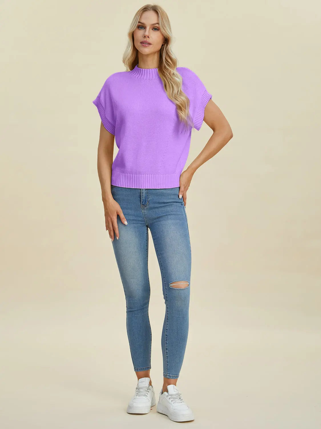 Double Take Full Size Mock Neck Short Sleeve Sweater for Women - Soft Knit Pullover Top for Casual Wear & Office Outfits | Perfect for Fall & Winter Layering