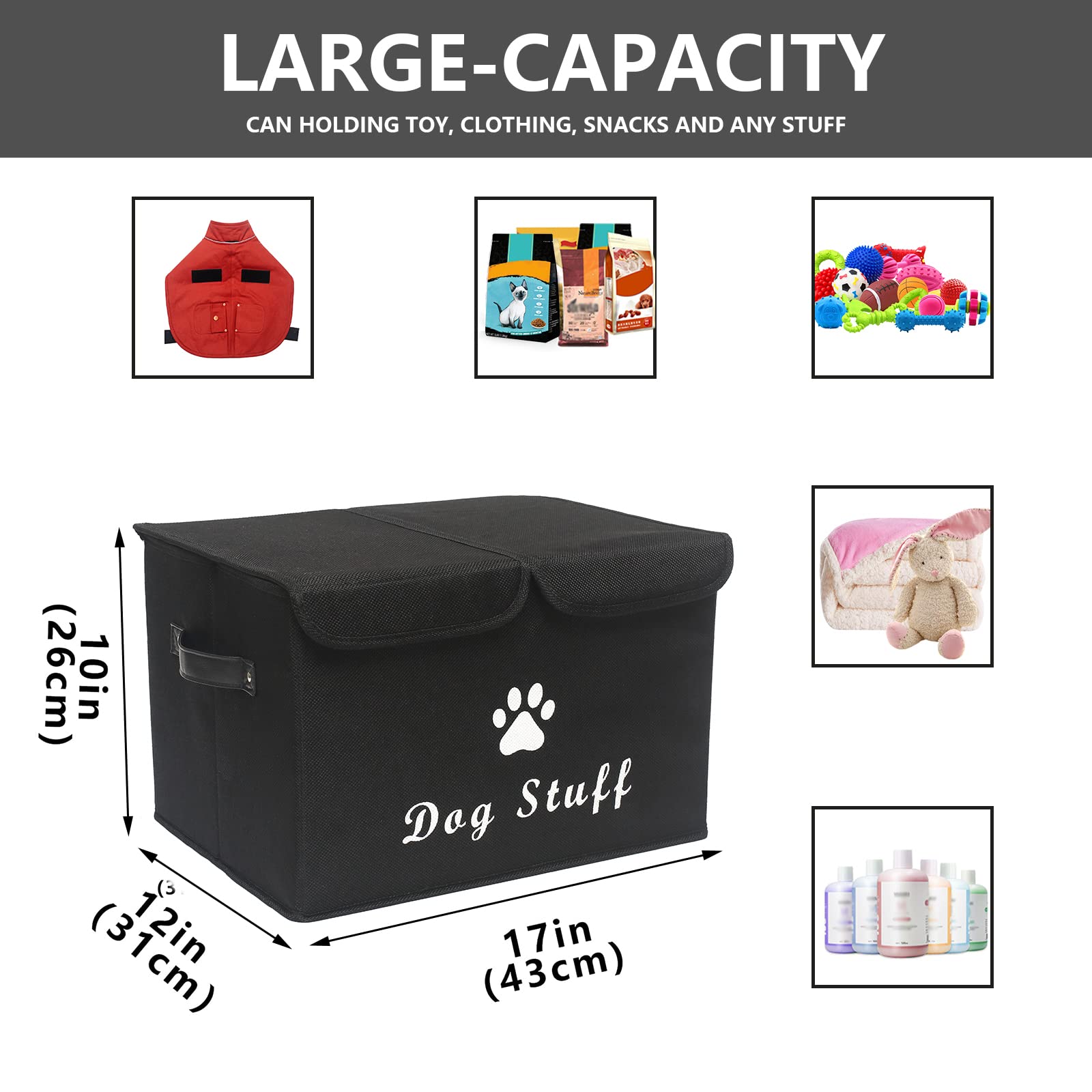 Durable Dog Toy Storage Box with Lid - Pet Organizer Basket for Dog Toys - Perfect for Living Room, Playroom & Closet - Home Organization Solution (Black)