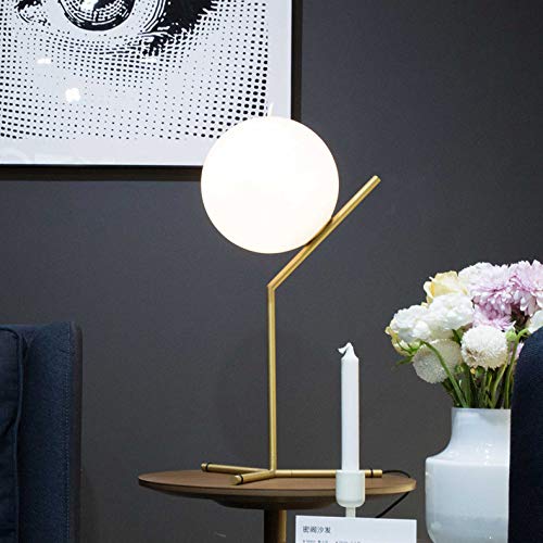Modern White Glass Table Lamp with Gold Base - Minimalist Globe Shade Bedside Lamp for Bedroom, Study, Hotel & Restaurant Decor - Nightstand Lighting for Cozy Ambience