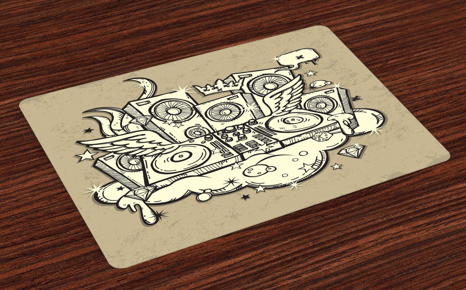 Lunarable Rap Place Mats Set of 4 - Hand-Painted DJ Disco Design with Speakers & Crown Music Theme | Washable Fabric Dining Mats for Kitchen & Restaurant Decor in Tan Cream & Black | Perfect for Parties, Music Lovers & Entertainment Events