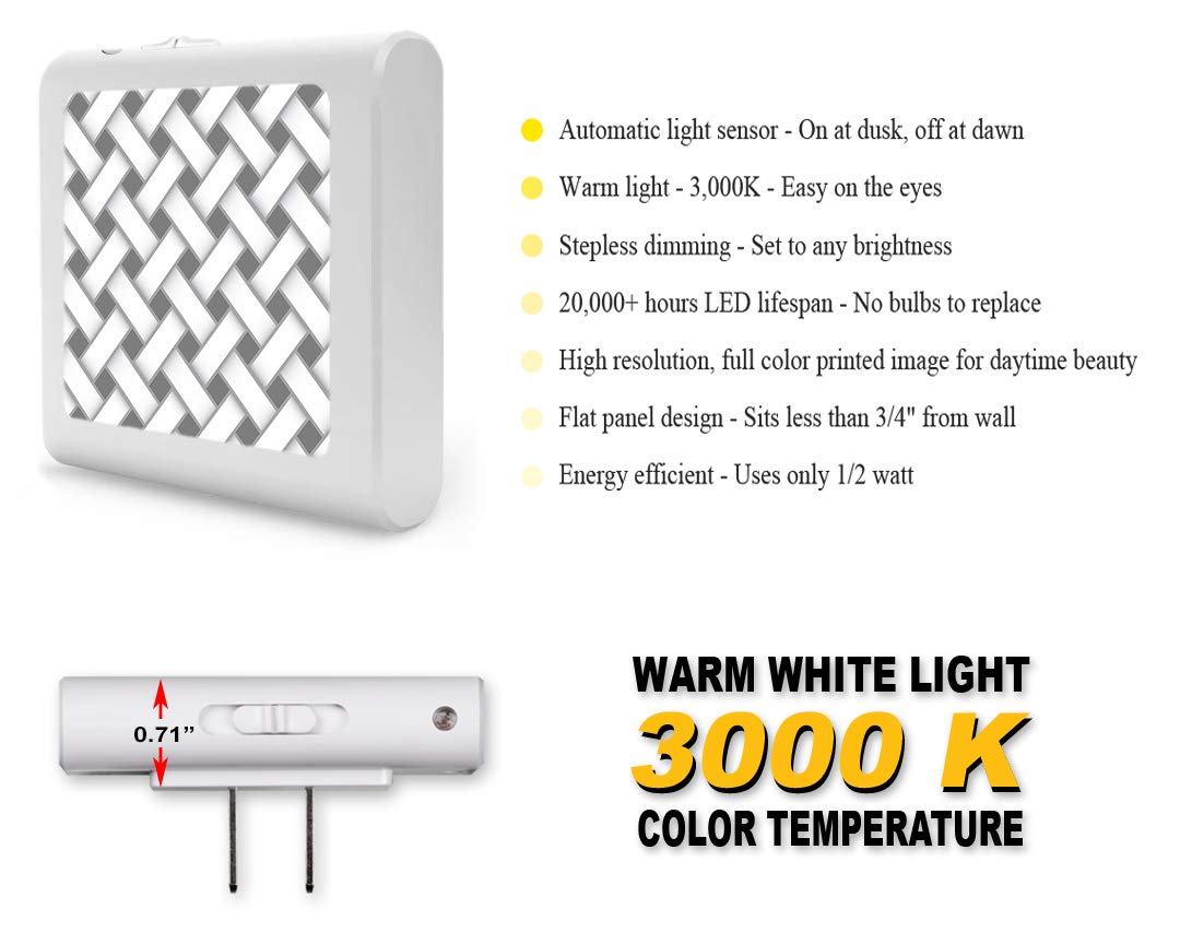 Dimmable LED Night Light with Auto On/Off Sensor, Adjustable Brightness & Warm White Light - Perfect for Bathroom, Hallway, Nursery & Bedroom (Gray & White Cross Hatch Design) - Create Cozy Ambiance for Nighttime Safety & Comfort