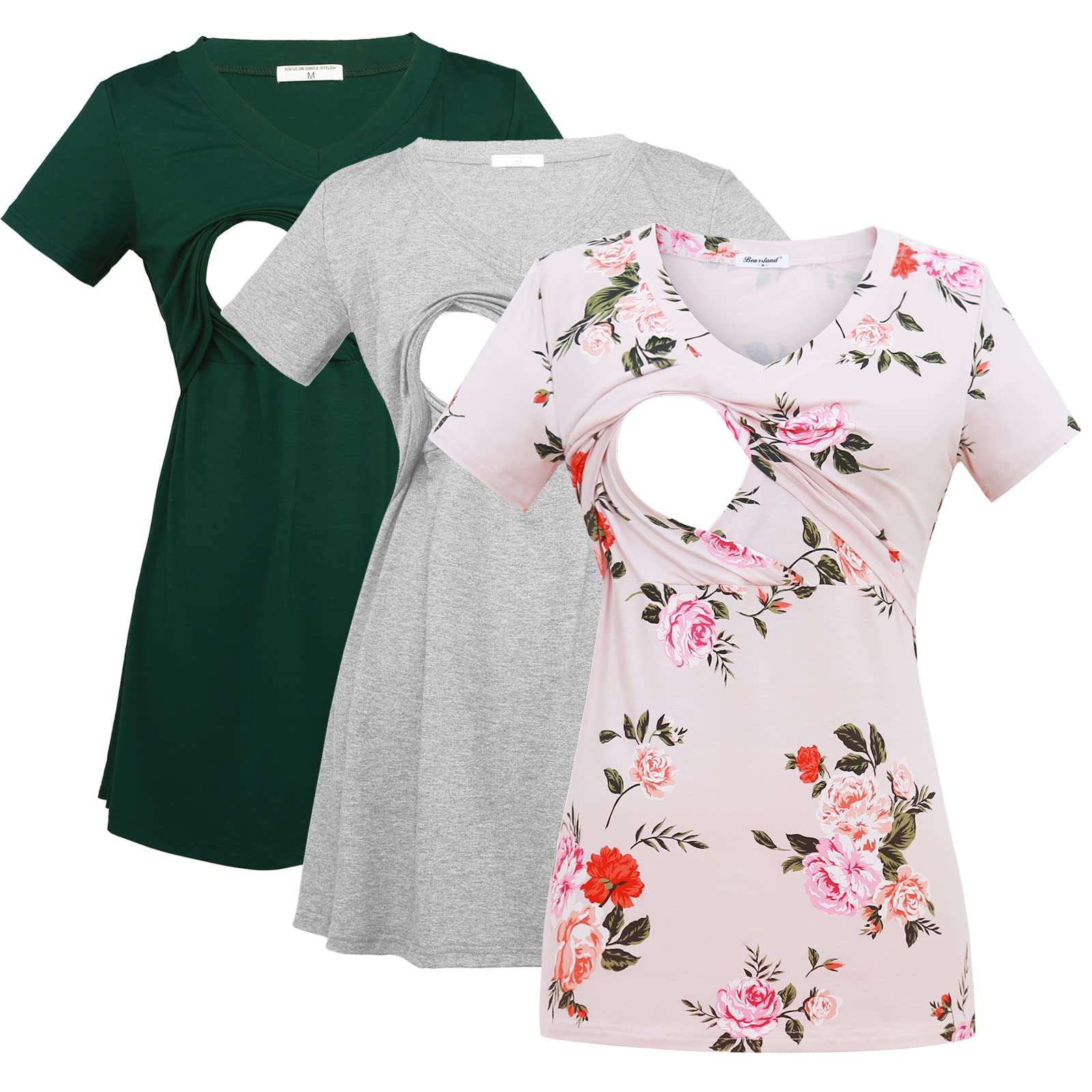 Bearsland Women's 3-Pack V-Neck Nursing Tops - Soft Maternity Breastfeeding Shirts for Comfortable Pumping & Nursing at Home or Outdoors
