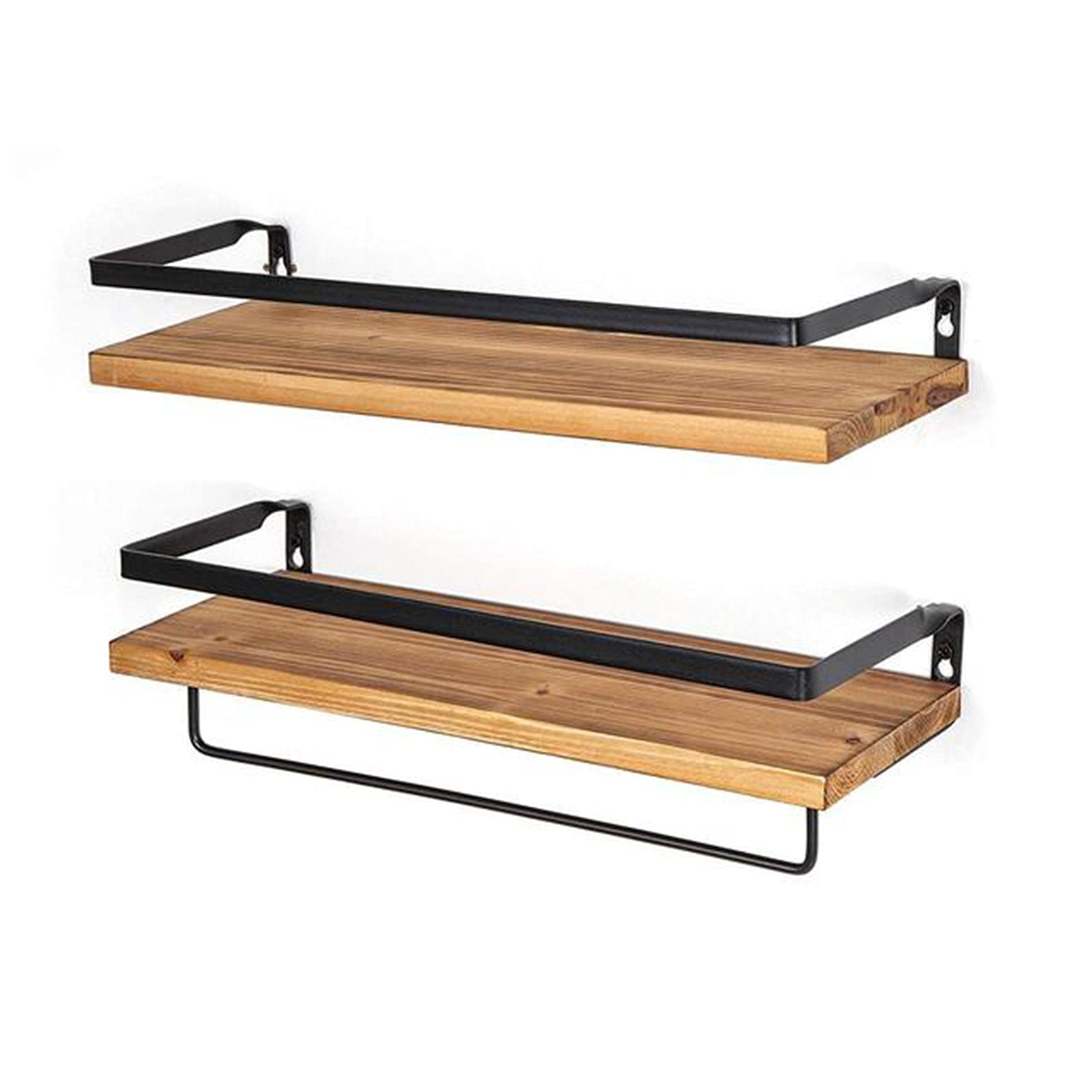 Rustic Wood Floating Shelves with Towel Bar - Set of 2 Wall Mounted Decorative Shelves for Farmhouse Style Kitchen, Bathroom, Living Room & Bedroom - Perfect for Towel Storage, Decor Display and Space Saving Organization