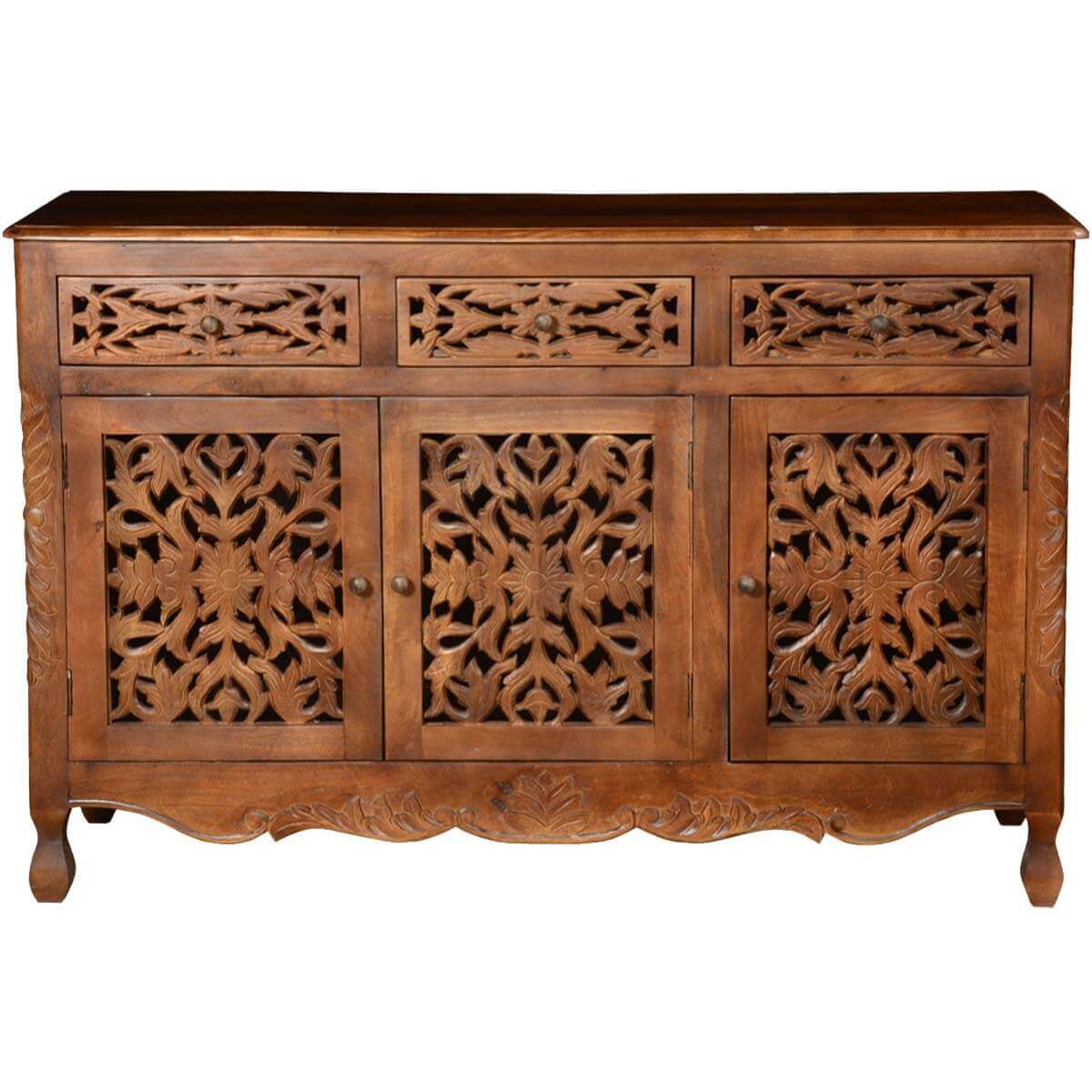 Hand Carved Buffet Table in Natural Finish | Solid Wood 3-Door Sideboard with Drawers for Dining Room Storage & Display