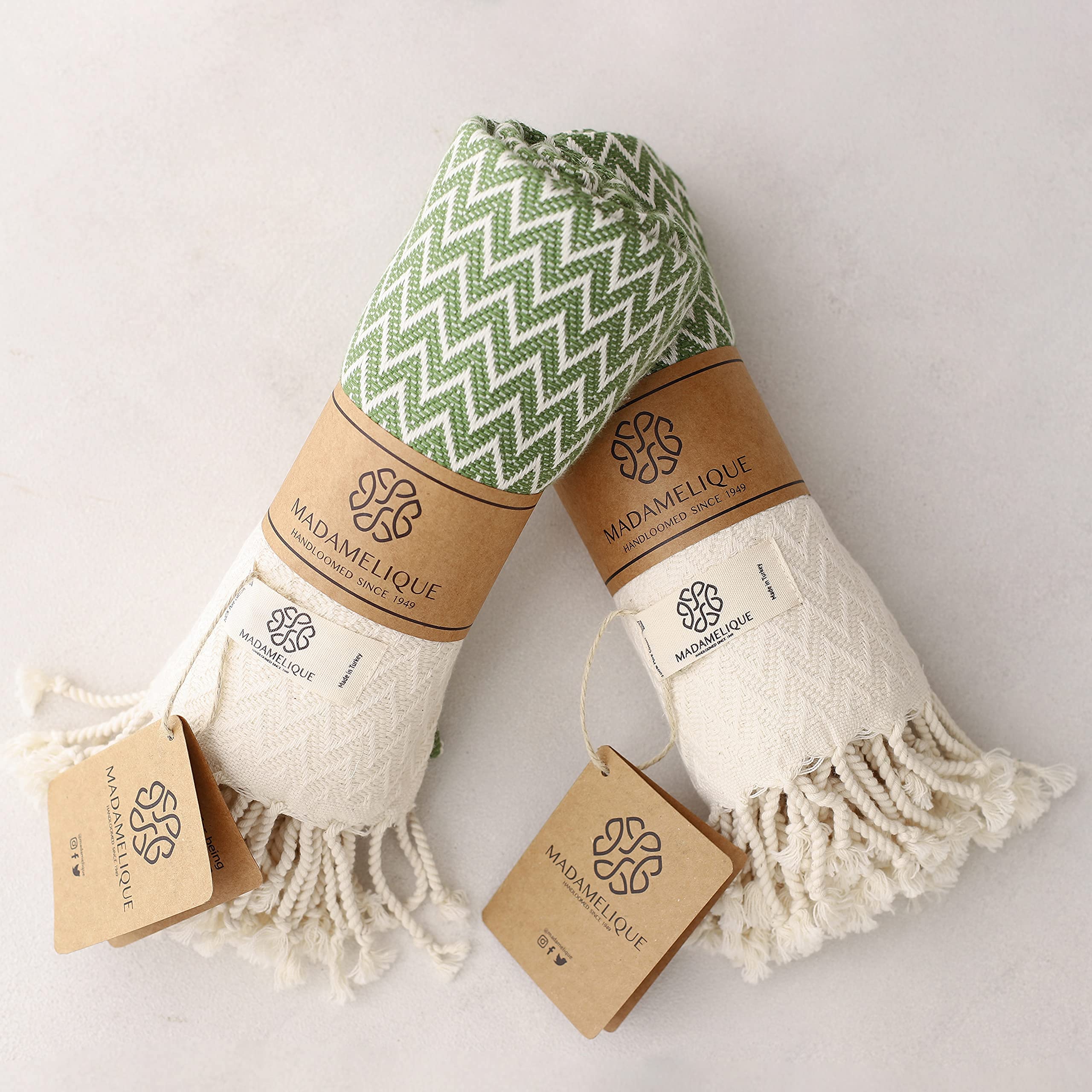 Madamelique Exclusive 100% Cotton Hand Towels Set of 2 (18x40 Inches) - Soft Absorbent Peshtemal Bath Towels for Bathroom, Kitchen, Yoga & Spa - Olive Green Decorative Turkish Towels for Hand, Face, Hair & Dish Drying - Perfect for Home, Travel & Gift Giving