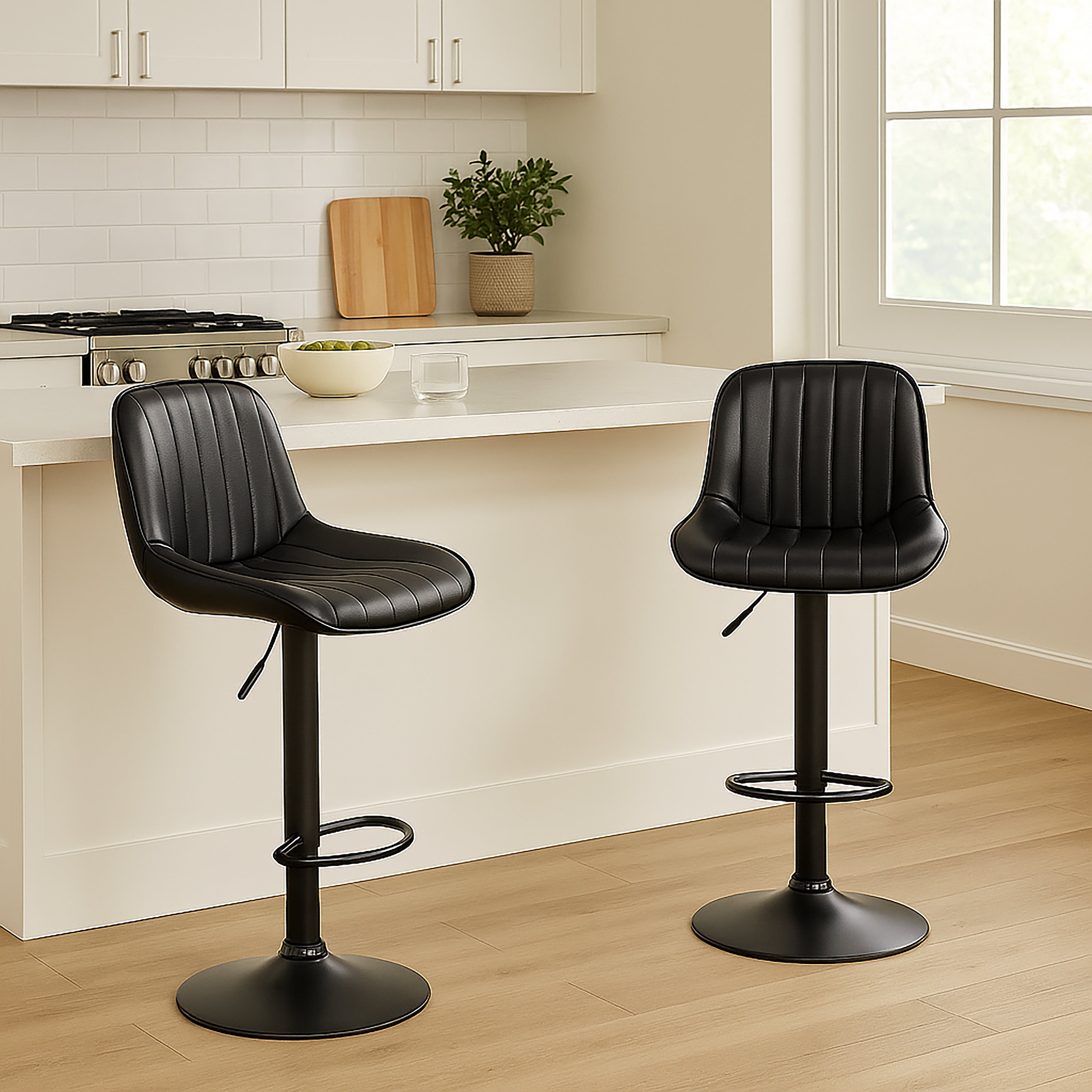Urban Style Black PU Gas Lift Bar Stools - Set of 2 Metal Counter Height Stools for Kitchen Island, Breakfast Nook & Home Bar