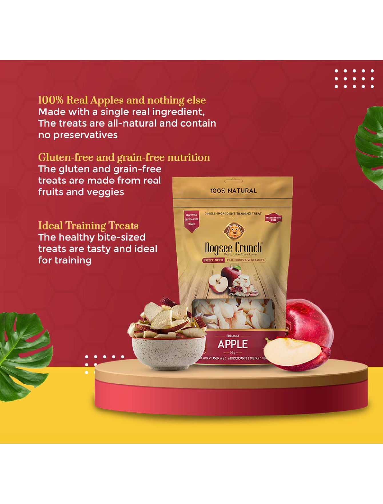 Freeze Dried Apple Dog Treats by Dogsee Crunch - 30g Natural & Healthy Snacks for Training, Rewards & Dental Health - Perfect for Small, Medium & Large Dogs