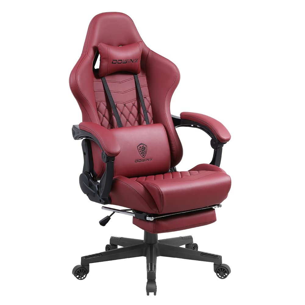 Dowinx Vintage Style Gaming Chair - Ergonomic Office Desk Chair with Massage Lumbar Support & Retractable Footrest, PU Leather E-Sports Gamer Chair (Red) - Perfect for Home Office, Gaming Setup & Streaming Studio