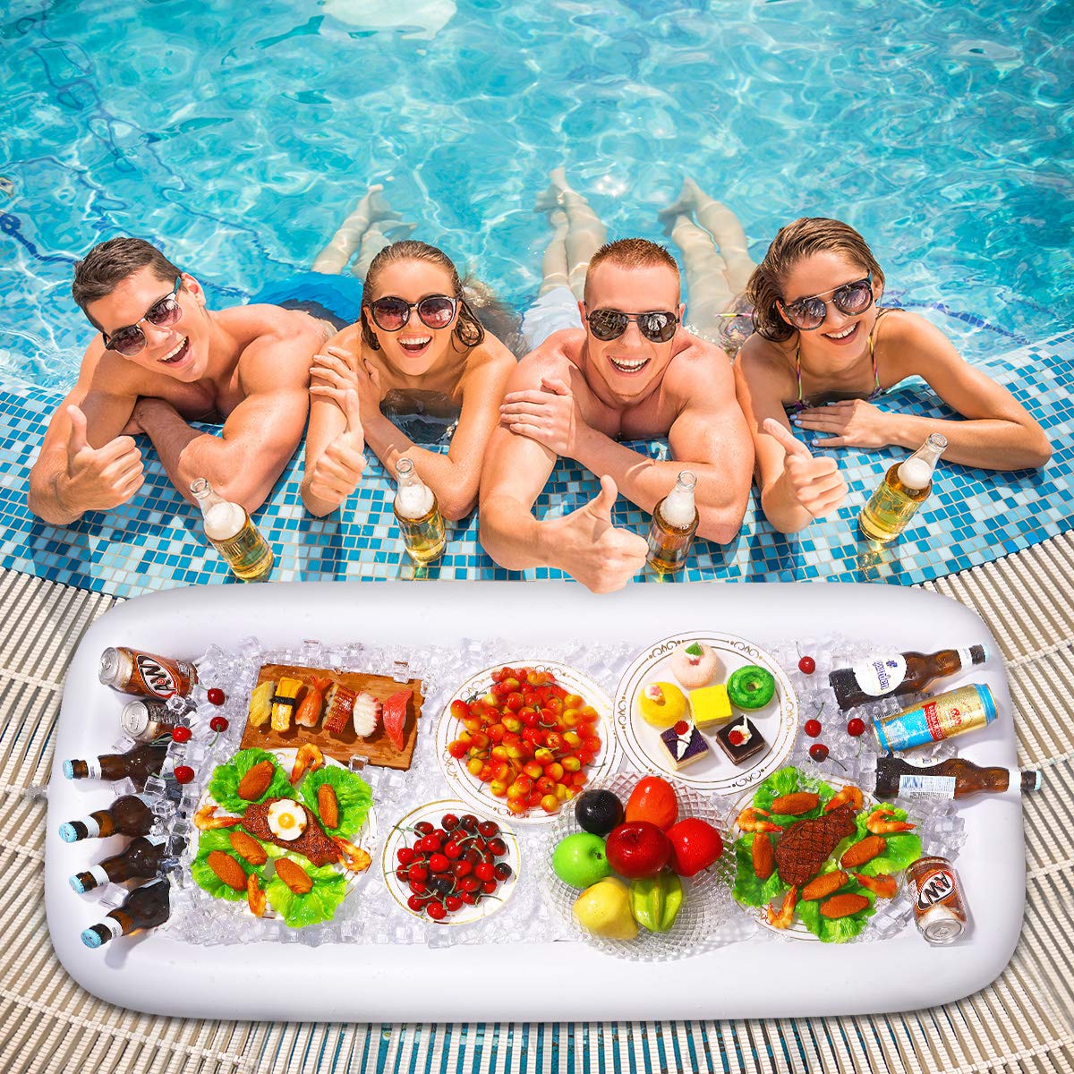 2PCS Inflatable Serving Bars with Drain Plug - Food Drink Salad Buffet Tray with Mesh Food Cover for Indoor Outdoor Party, Pool Picnic, Luau, BBQ, Camping & Beach Gatherings