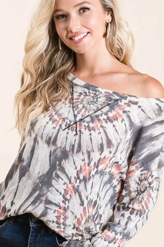Bibi Tie Dye Terry Top with Contrast Stitching - Charcoal Grey Women's Casual Shirt | Perfect for Summer Outfits, Beach Wear & Boho Fashion