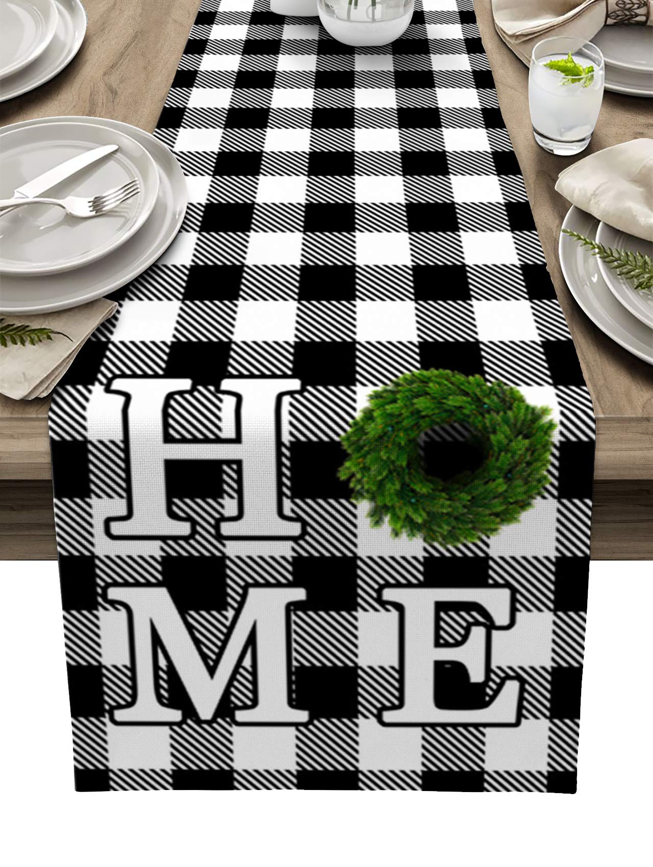 Green Pine Leaf Wreath Black White Buffalo Check Plaid Table Runner - 13 x 90 Inch Holiday Decor for Christmas Dinner, Indoor & Outdoor Party Table Setting, Buffet, Dresser, and Dining Room Decoration