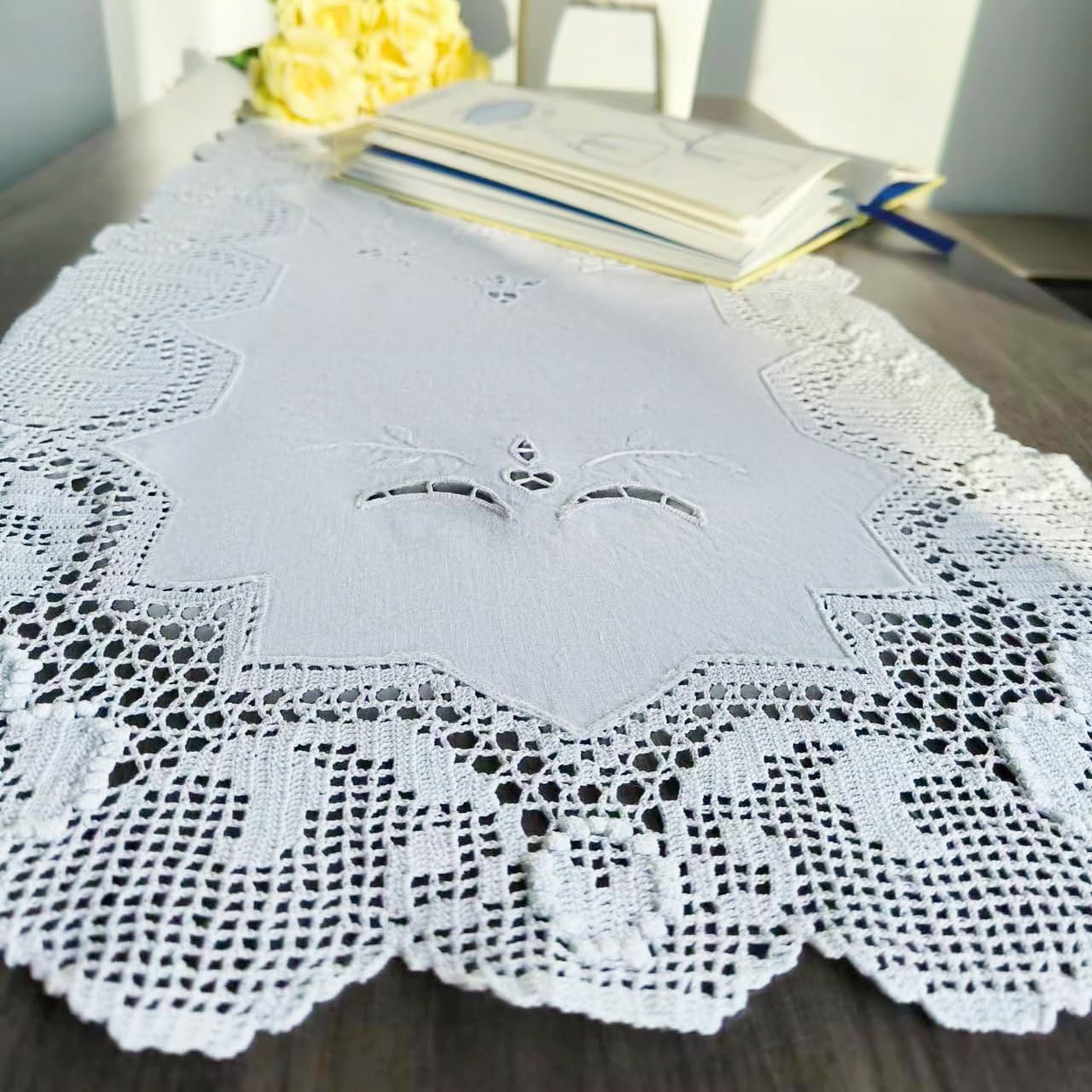Handmade Cotton Crochet Lace Table Runner - 16x36 Inch White Rose Design for Coffee Tables, Dining Tables, Wedding Decor & Home Decoration