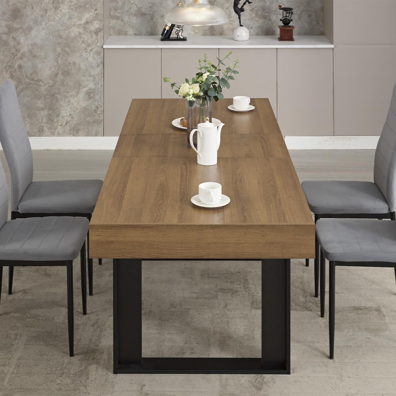 STHOUYN 63”-79” Extendable Dining Table - Solid Wood Modern Farmhouse Kitchen Table, Expandable to Seat 6-10 People, Large Conference & Family Dining Table in Walnut Brown - Perfect for Dinner Parties, Home Offices & Small Business Meetings
