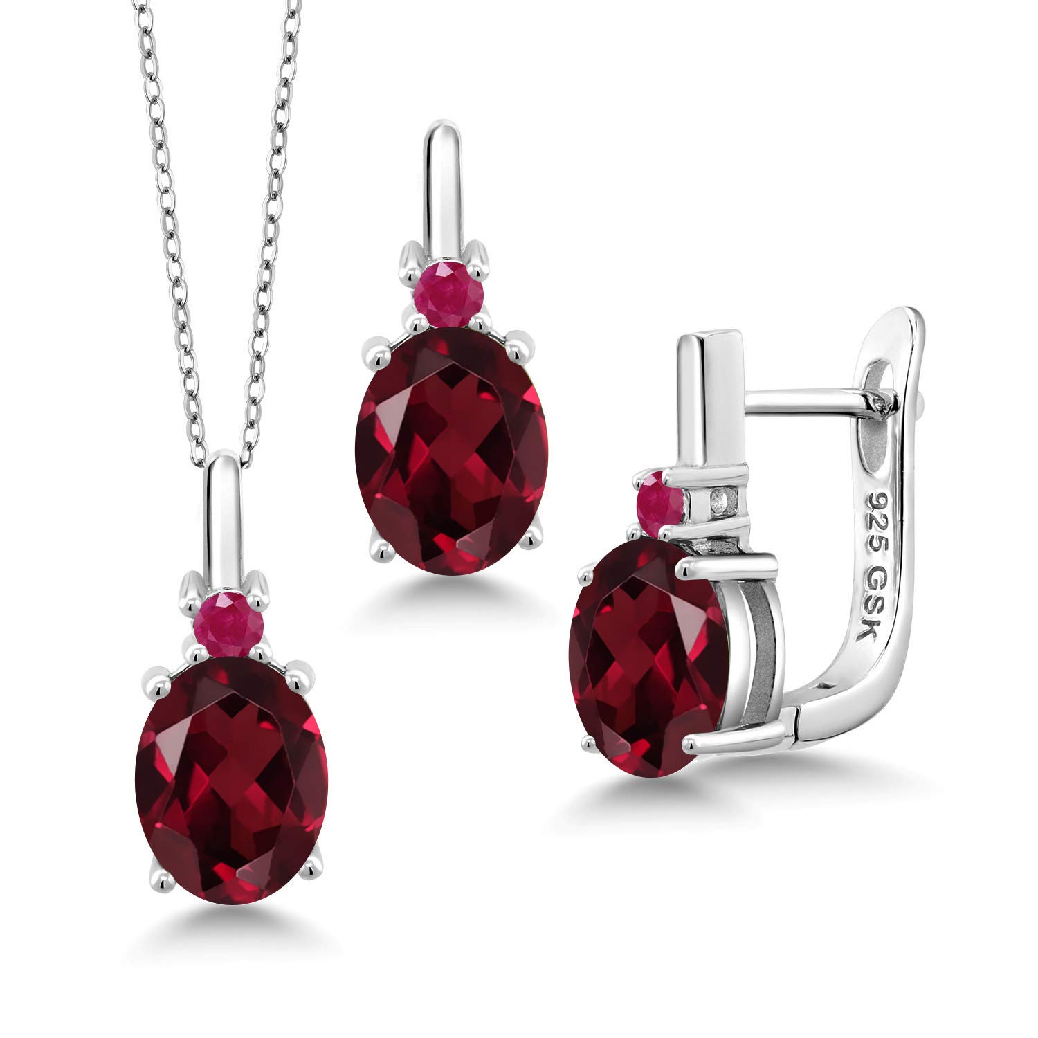 6.72 Ct Natural Red Rhodolite Garnet & Ruby 925 Sterling Silver Pendant Earrings Set | Gem Stone King | Valentine's Gift, Anniversary Jewelry, Birthday Present for Her