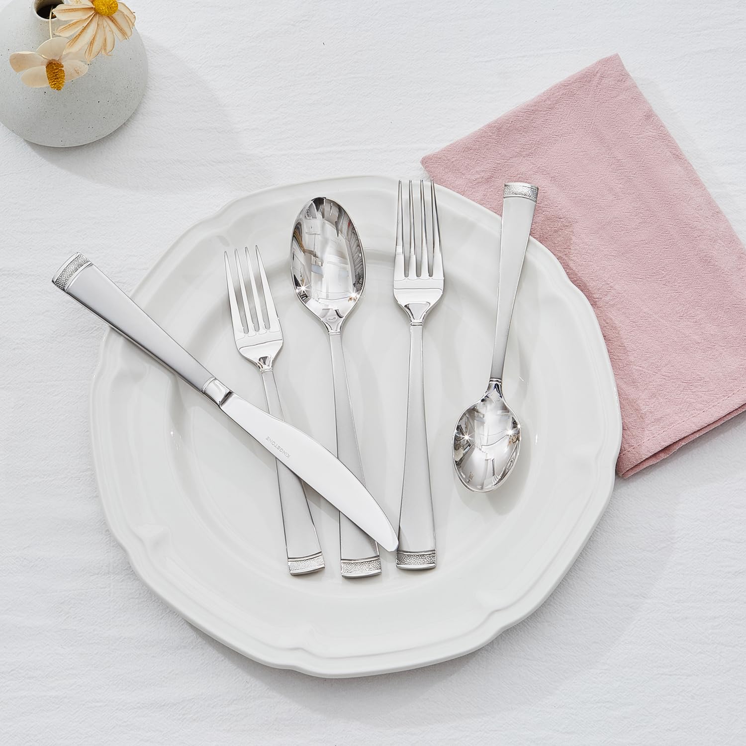 KINGSTONE 65-Piece Silverware Set for 12, 18/10 Stainless Steel Flatware Set with Bead Edge - Mirror Polished, Dishwasher Safe Cutlery for Kitchen, Home, Party & Wedding - Perfect for Holiday Dinners, Formal Dining & Gift Giving