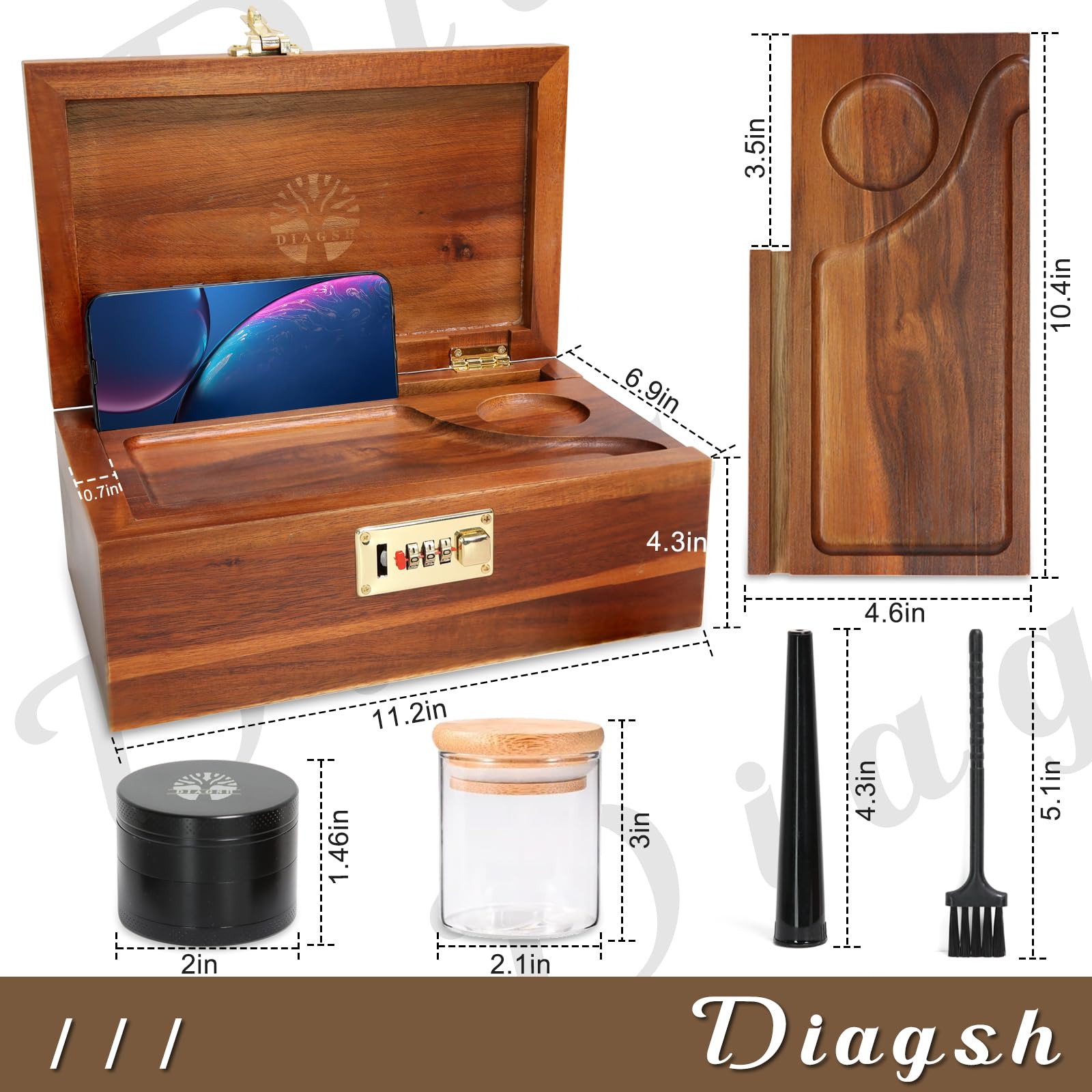 Premium Acacia Wood Storage Box with Grinder & Combination Lock – Multi-Purpose Organizer Set with Glass Jars for Kitchen, Bathroom, Office & Travel Organization